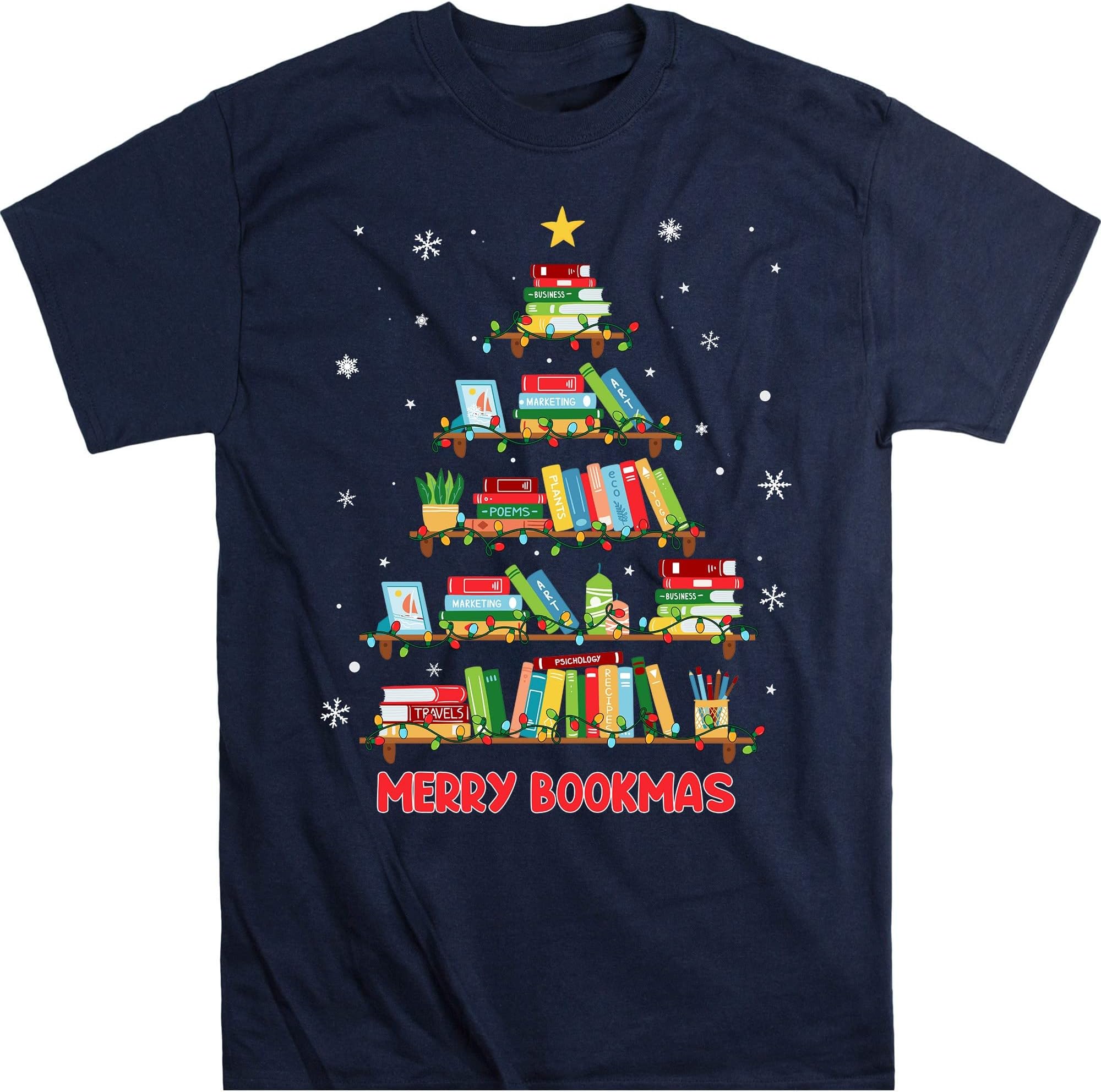 Merry Christmas Tree Shirt Love Reading Books Librarian Nerd, Book Lover Bookworm T-Shirt – Navy/Small