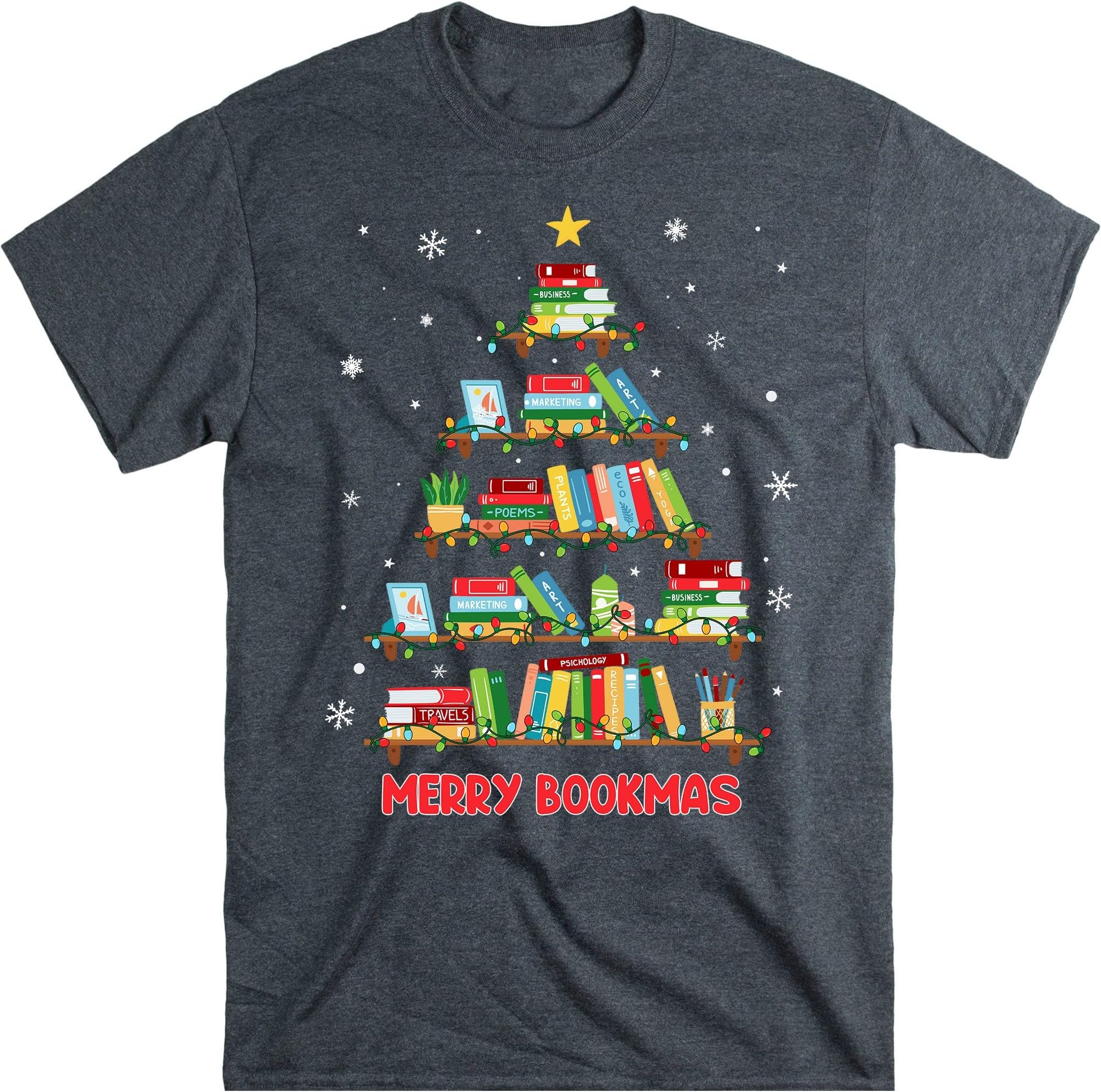 Merry Christmas Tree Shirt Love Reading Books Librarian Nerd, Book Lover Bookworm T-Shirt – Dark Heather/4X-Large