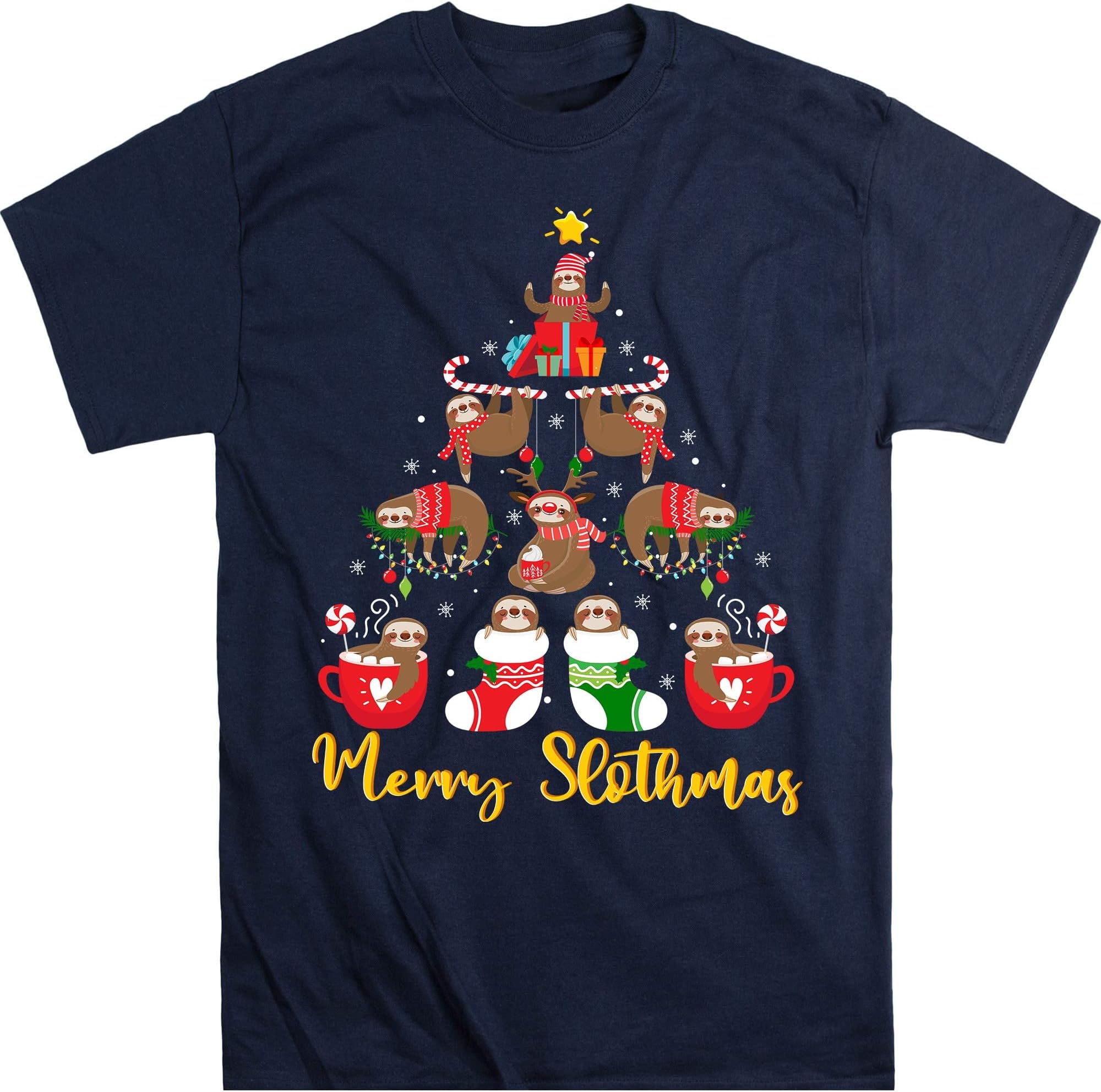 Merry Slothmas Shirt, Sloth Christmas Tree Funny Shirt, Santa Sloth Lights Sloth Lover Gift Sloth T-Shirt – Navy/XX-Large