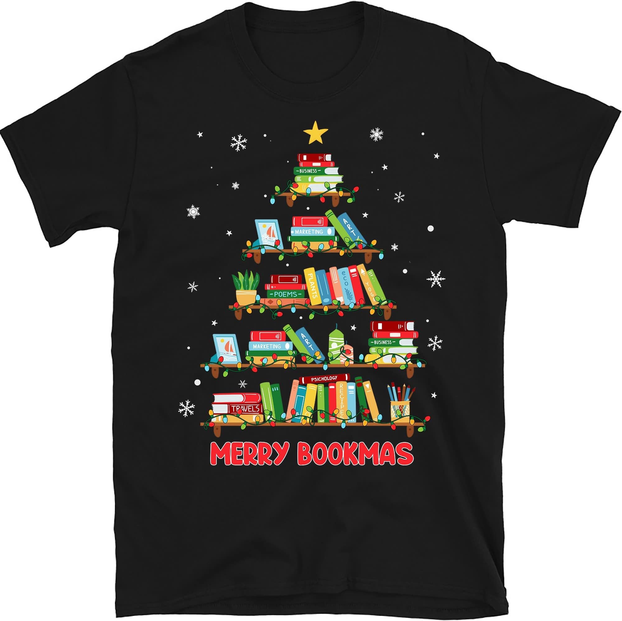 Merry Christmas Tree Shirt Love Reading Books Librarian Nerd, Book Lover Bookworm T-Shirt – Black/XX-Large