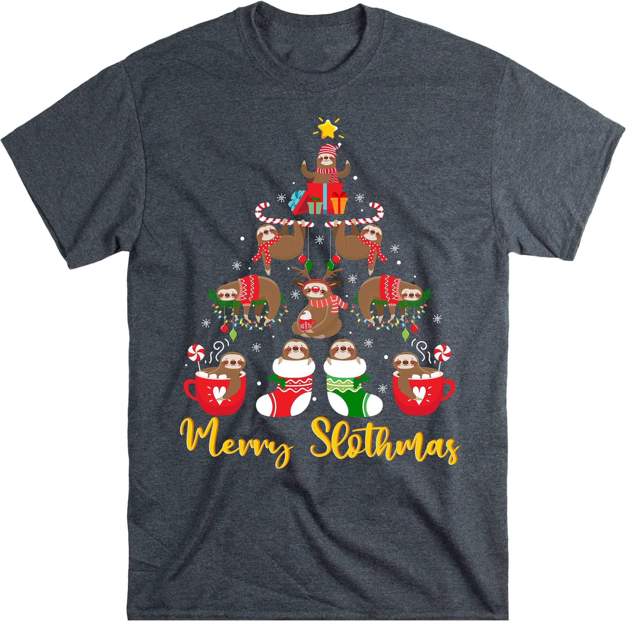 Merry Slothmas Shirt, Sloth Christmas Tree Funny Shirt, Santa Sloth Lights Sloth Lover Gift Sloth T-Shirt – Dark Heather/XX-Large