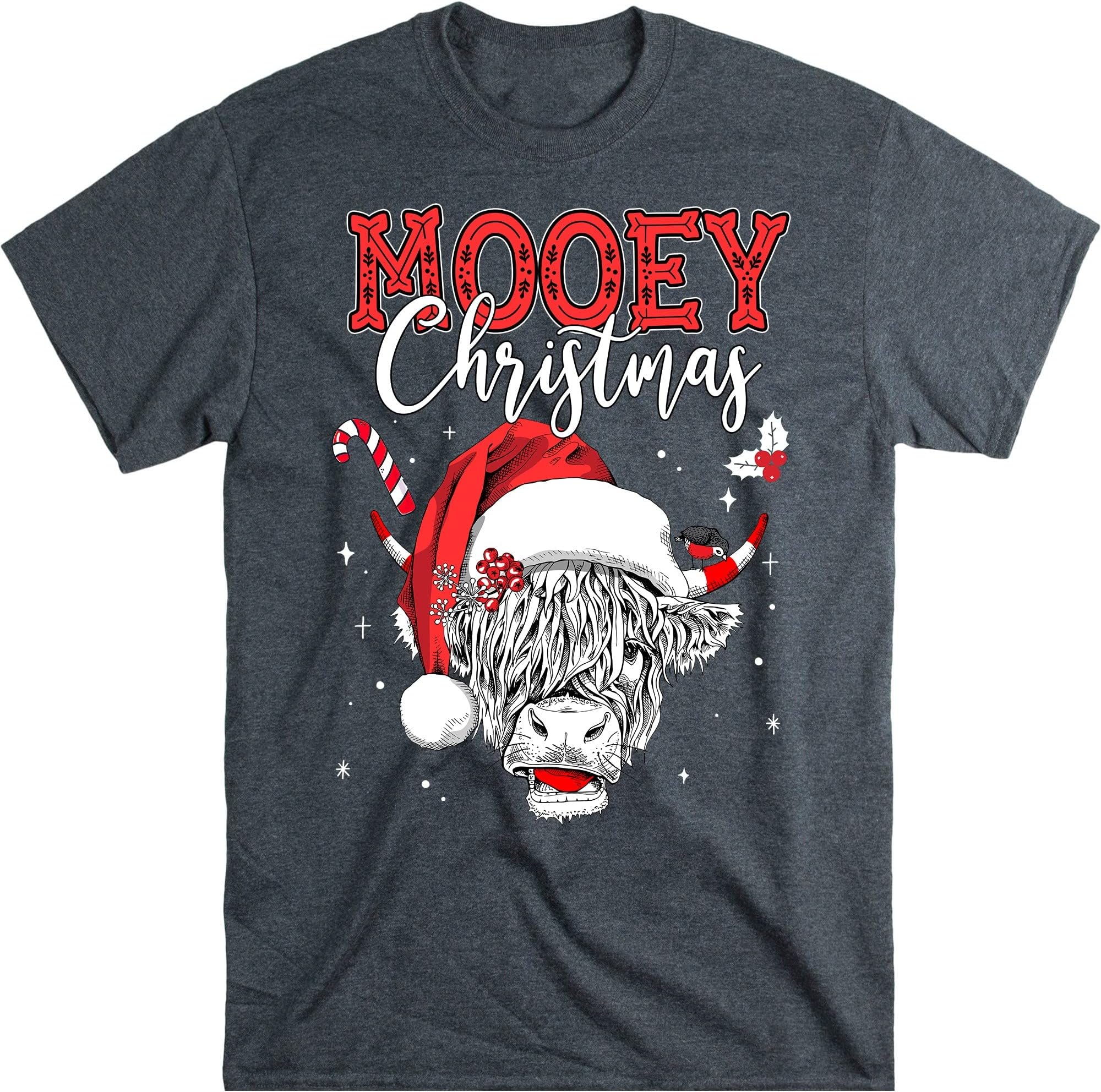 Mooey Christmas Santa Heifer Xmas Lights Shirt, Cow Lovers Shirt, Cow Santa Shirt, Mooey Christmas, Highland Cattle, Animal – Dark Heather/X-Large