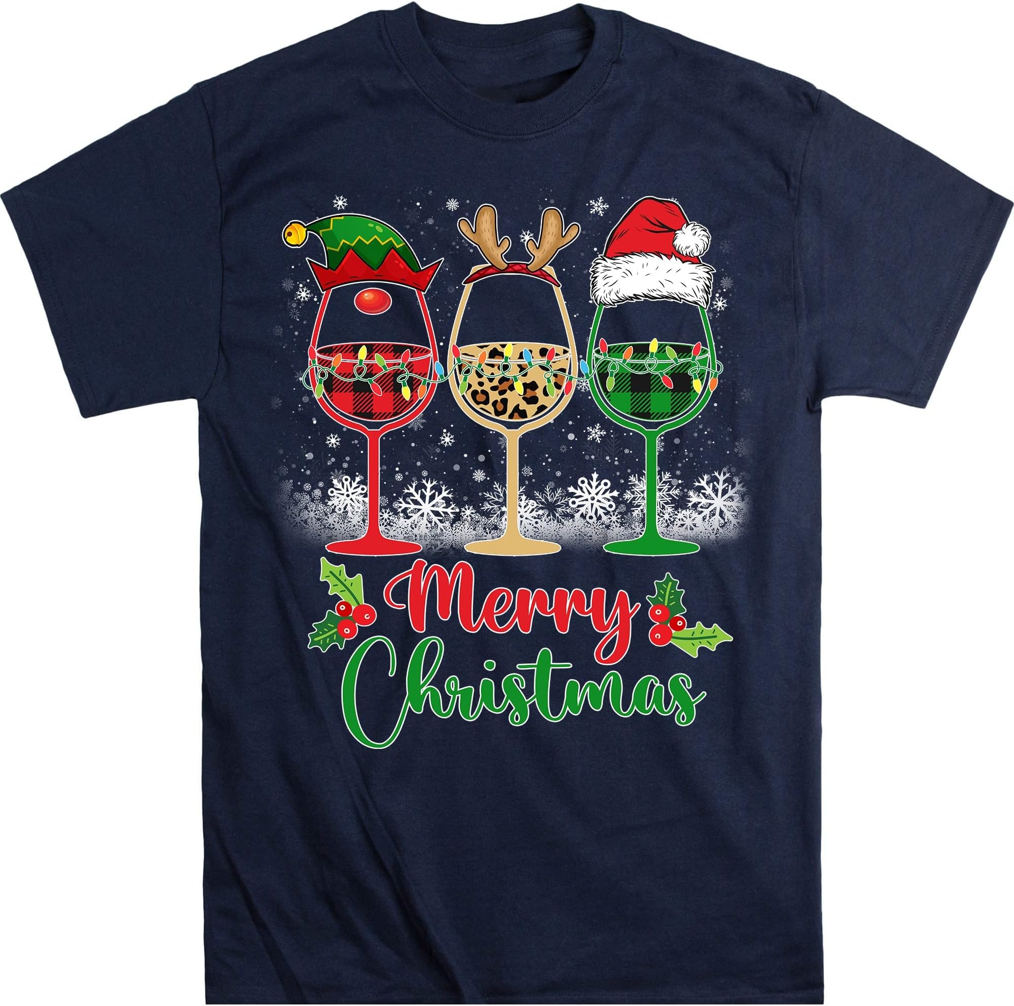 Merry Christmas Shirt, Three Wine Glasses Santa Hat Christmas Funny Wine Lover, Christmas Party, Leopard Plaid Reindeer – Navy/Medium