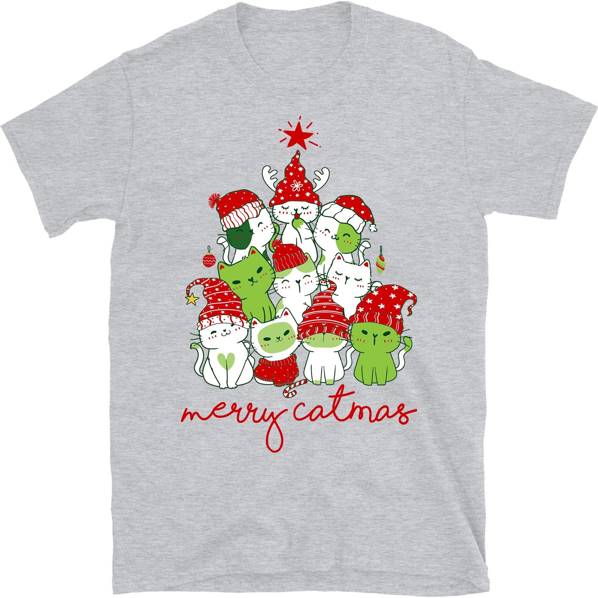 Christmas Cat Tree T Shirt, Merry Catmas, Funny Cat Lover Merry Christmas Shirts, Meowy Catmas – Sport Grey/Large