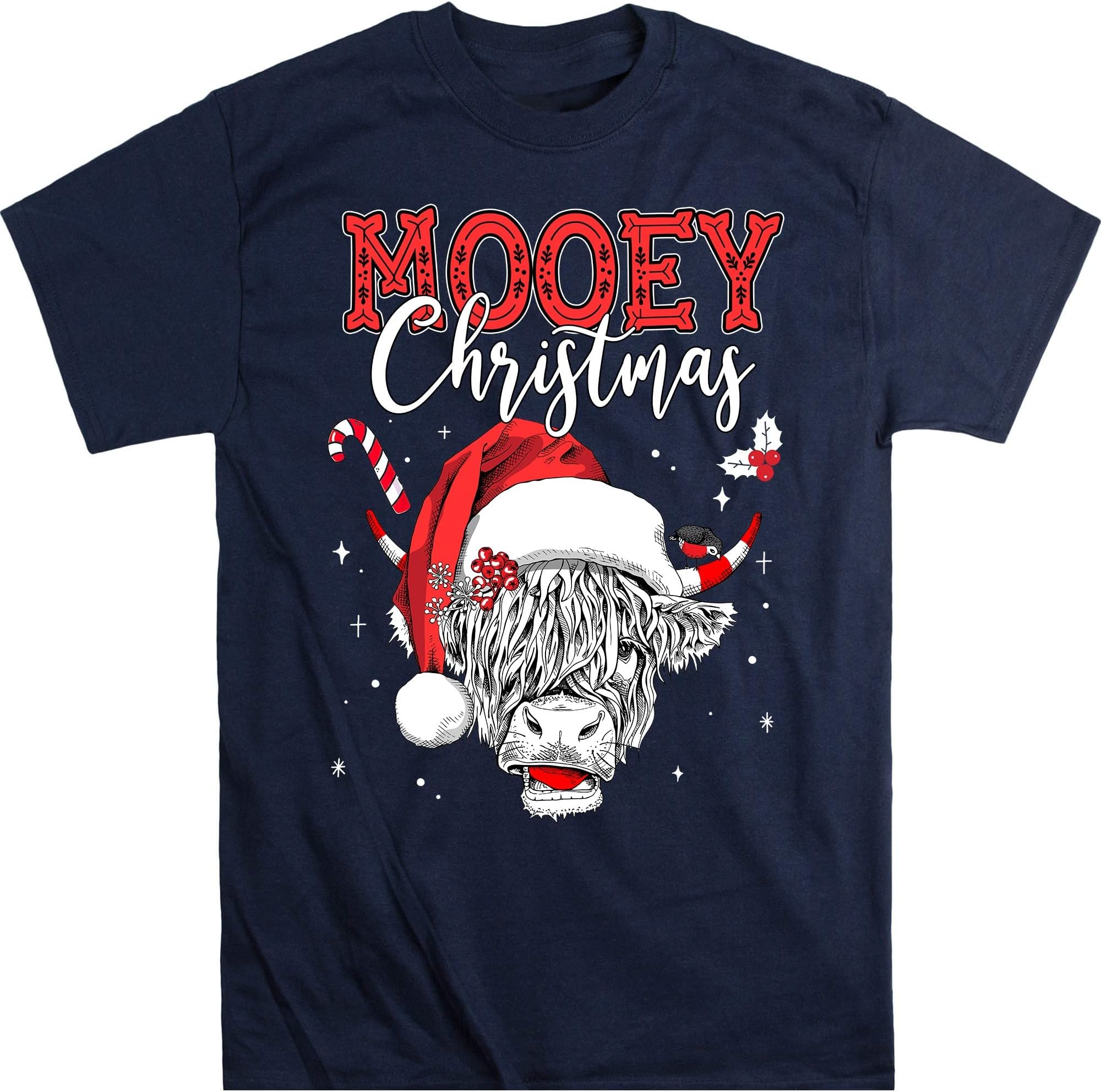 Mooey Christmas Santa Heifer Xmas Lights Shirt, Cow Lovers Shirt, Cow Santa Shirt, Mooey Christmas, Highland Cattle, Animal – Navy/Medium