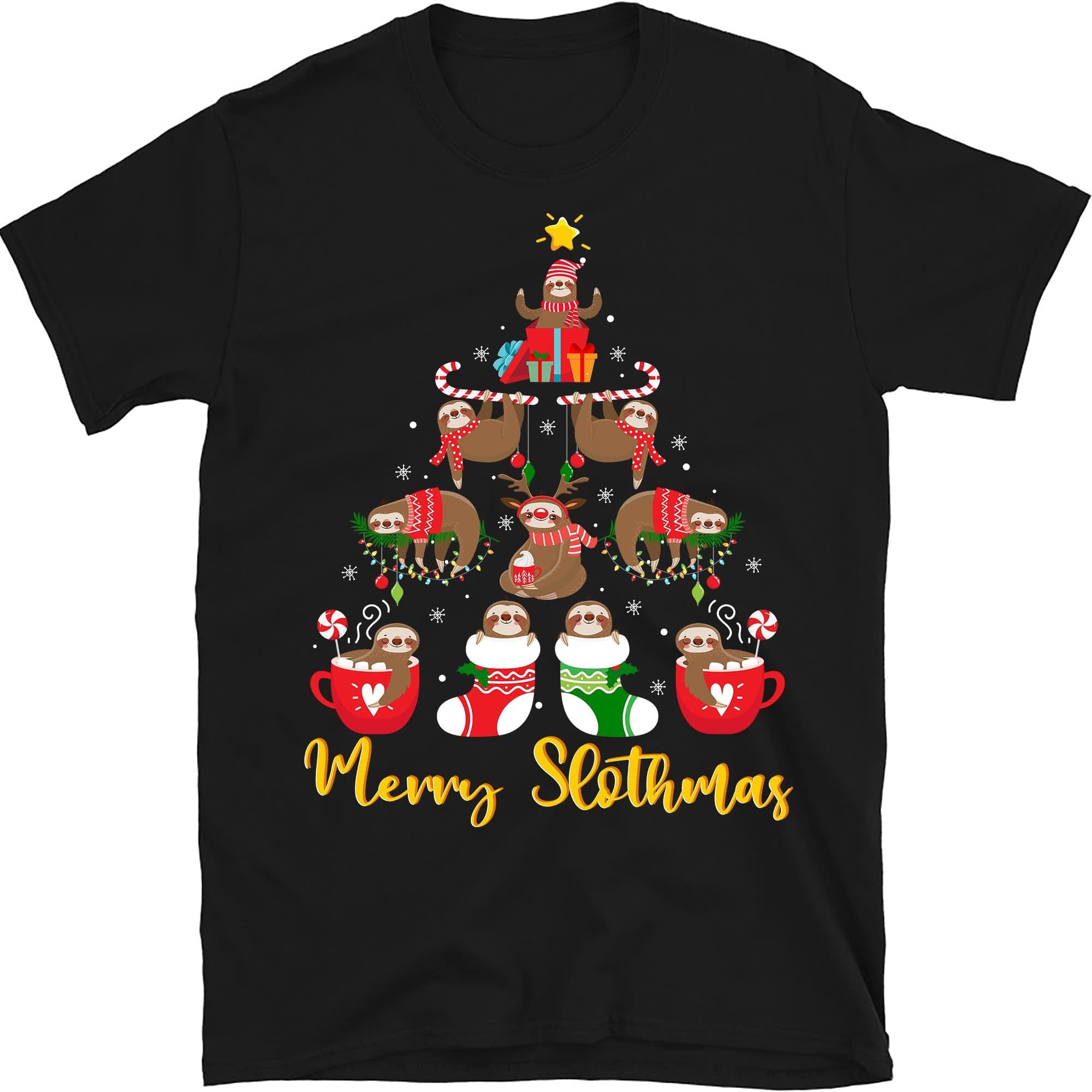Merry Slothmas Shirt, Sloth Christmas Tree Funny Shirt, Santa Sloth Lights Sloth Lover Gift Sloth T-Shirt – Black/Large