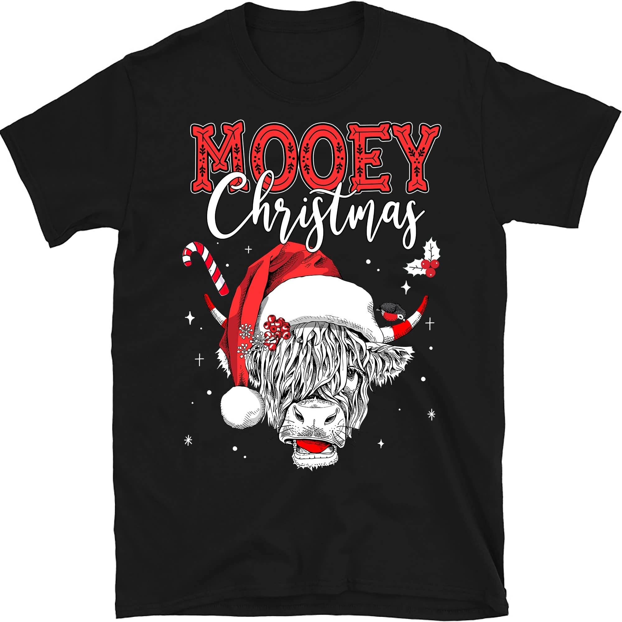 Mooey Christmas Santa Heifer Xmas Lights Shirt, Cow Lovers Shirt, Cow Santa Shirt, Mooey Christmas, Highland Cattle, Animal – Black/Medium