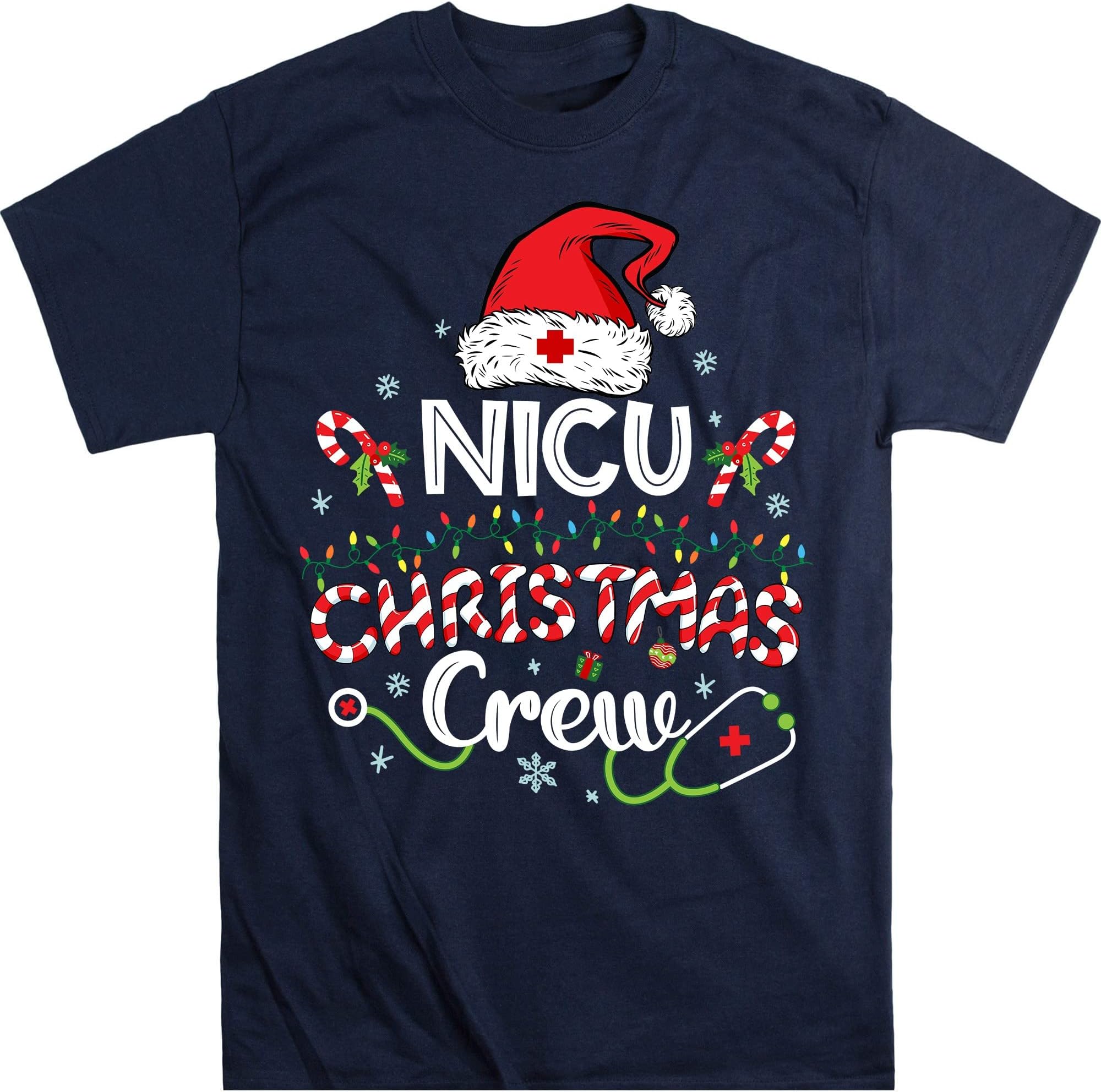 Nicu Christmas Crew T-Shirt, Neonatal Intensive Care Unit Nurse Christmas Shirt, Christmas Pajama – Navy/Small