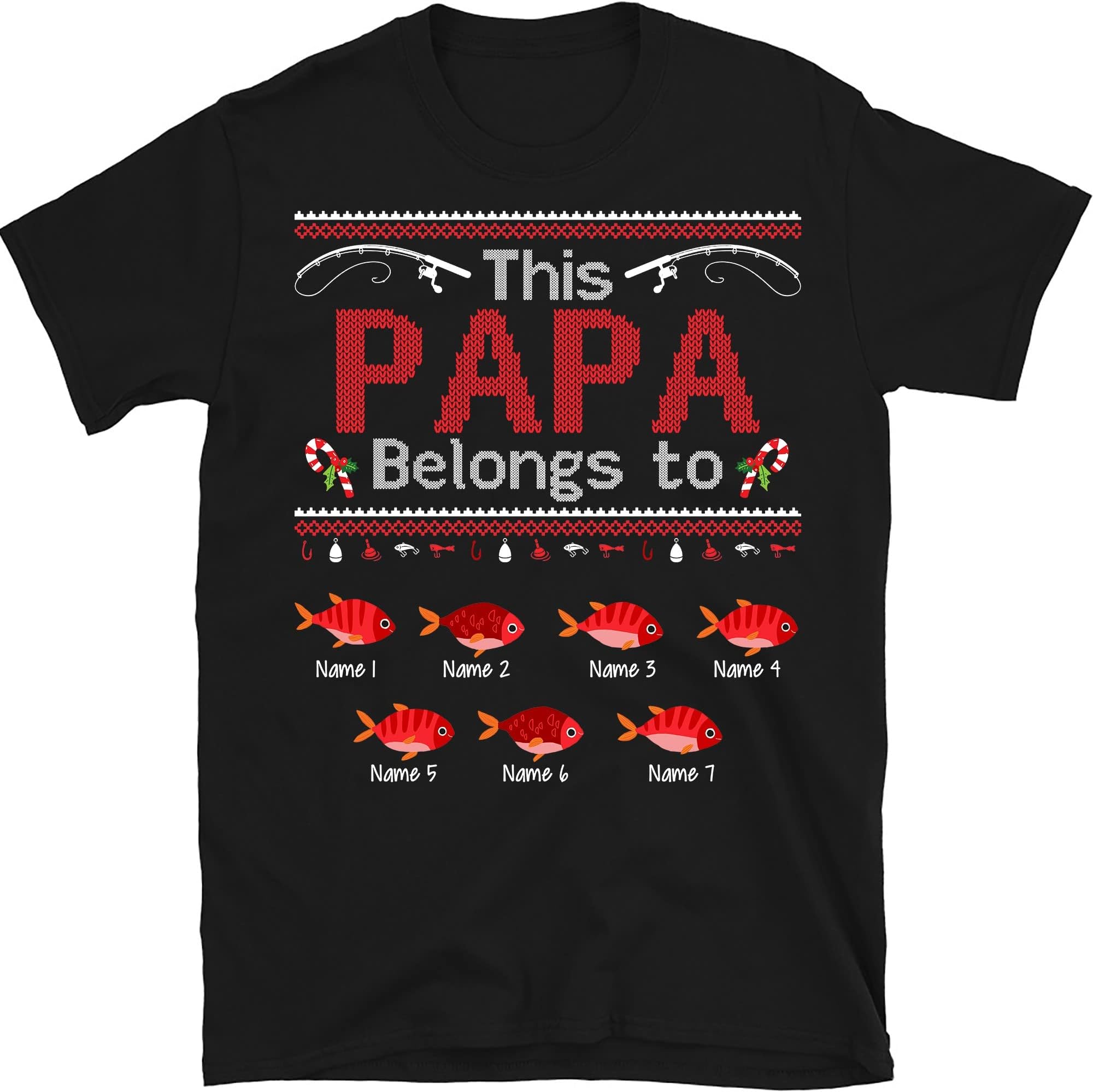 Chrismas Dad Shirt, Merry Fishing Funny Christmas Shirt, This Papa Belongs to Kids Names, Love Fishing T-Shirt Multicolored
