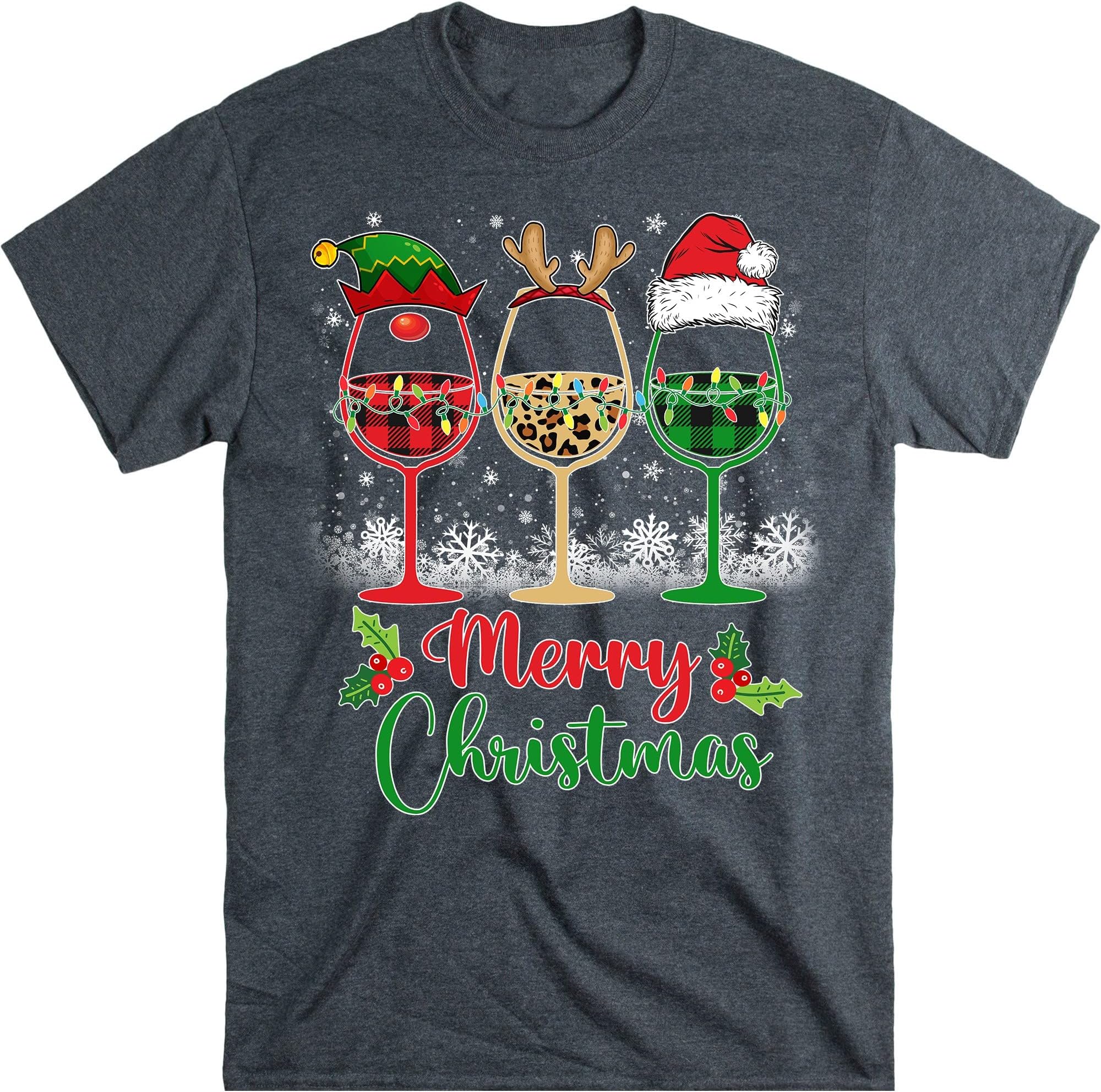 Merry Christmas Shirt, Three Wine Glasses Santa Hat Christmas Funny Wine Lover, Christmas Party, Leopard Plaid Reindeer – Dark Heather/Small