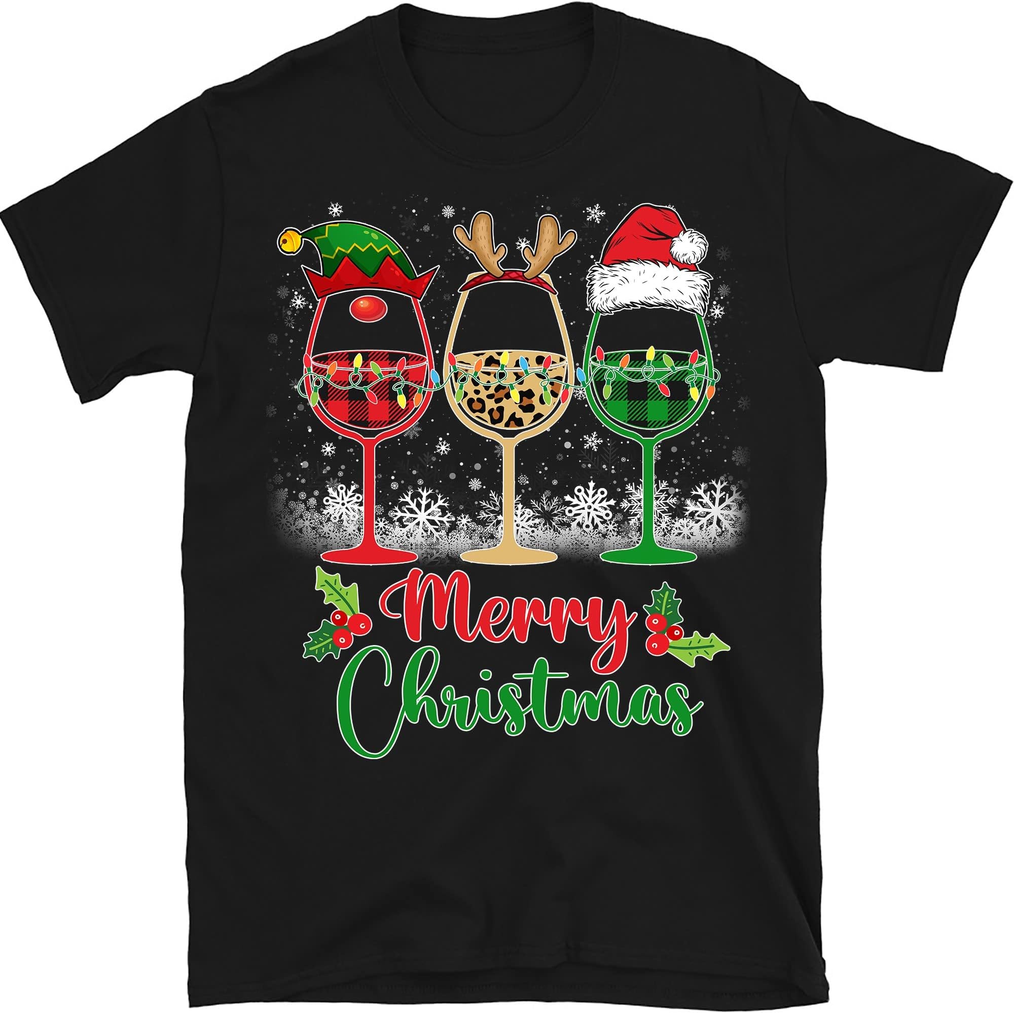 Merry Christmas Shirt, Three Wine Glasses Santa Hat Christmas Funny Wine Lover, Christmas Party, Leopard Plaid Reindeer – Black/Small