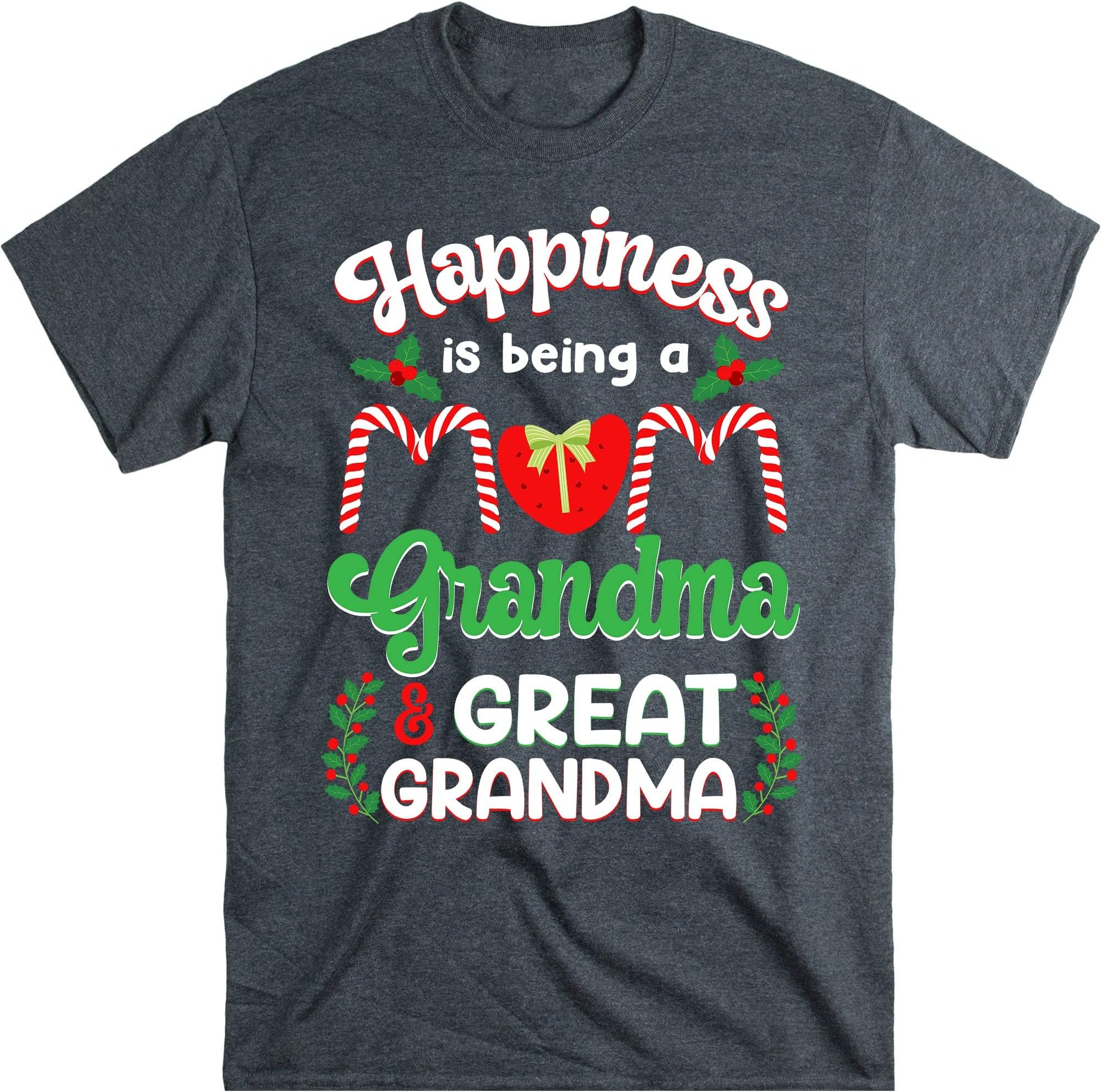 Grandma Christmas Shirt, Nana Christmas Shirt, Happiness is Being a Mom Grandma and Great Grandma – Dark Heather/4X-Large