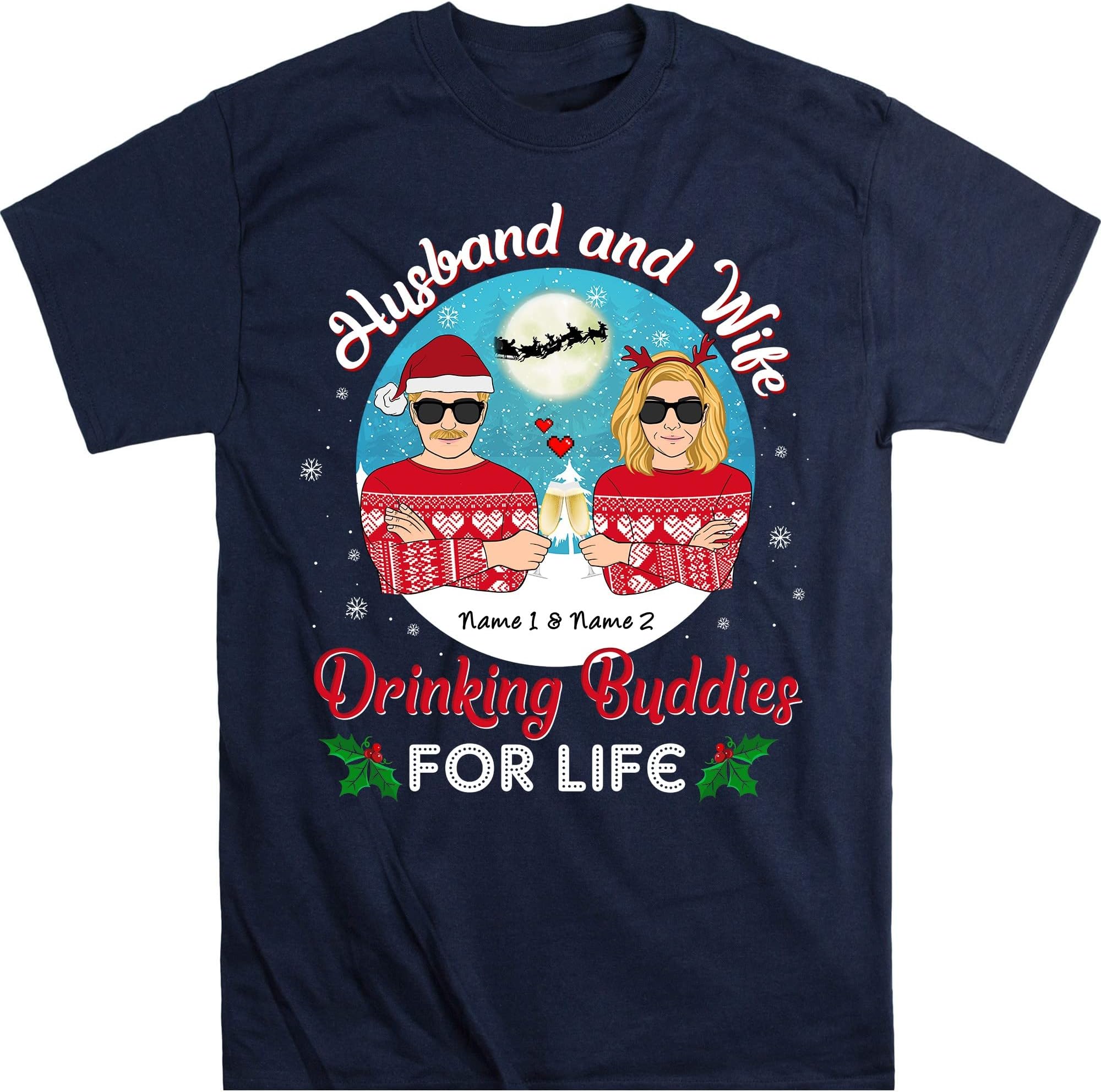 Husband and Wife Drinking Buddies Christmas Personalized Shirt, Husband and Wife Customized Shirt, Anniversary – Navy/Large