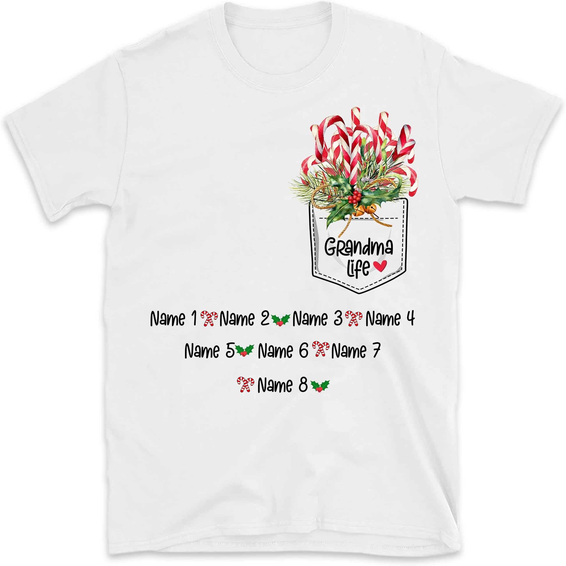 Personalized Grandma Life Shirt, Custom Grandkids Names Grandma T Shirt, Christmas Candy Cane, for Grandpa, Mom, Dad Multicolored