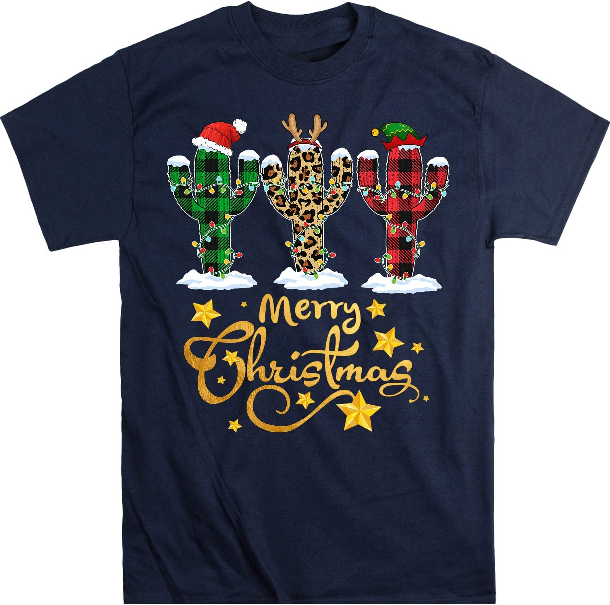 Womens Cactus Christmas Tree with Buffalo Plaid & Leopard Design T-Shirt Christmas Lights Cactus Lover Funny Xmas Gift – Navy/X-Large