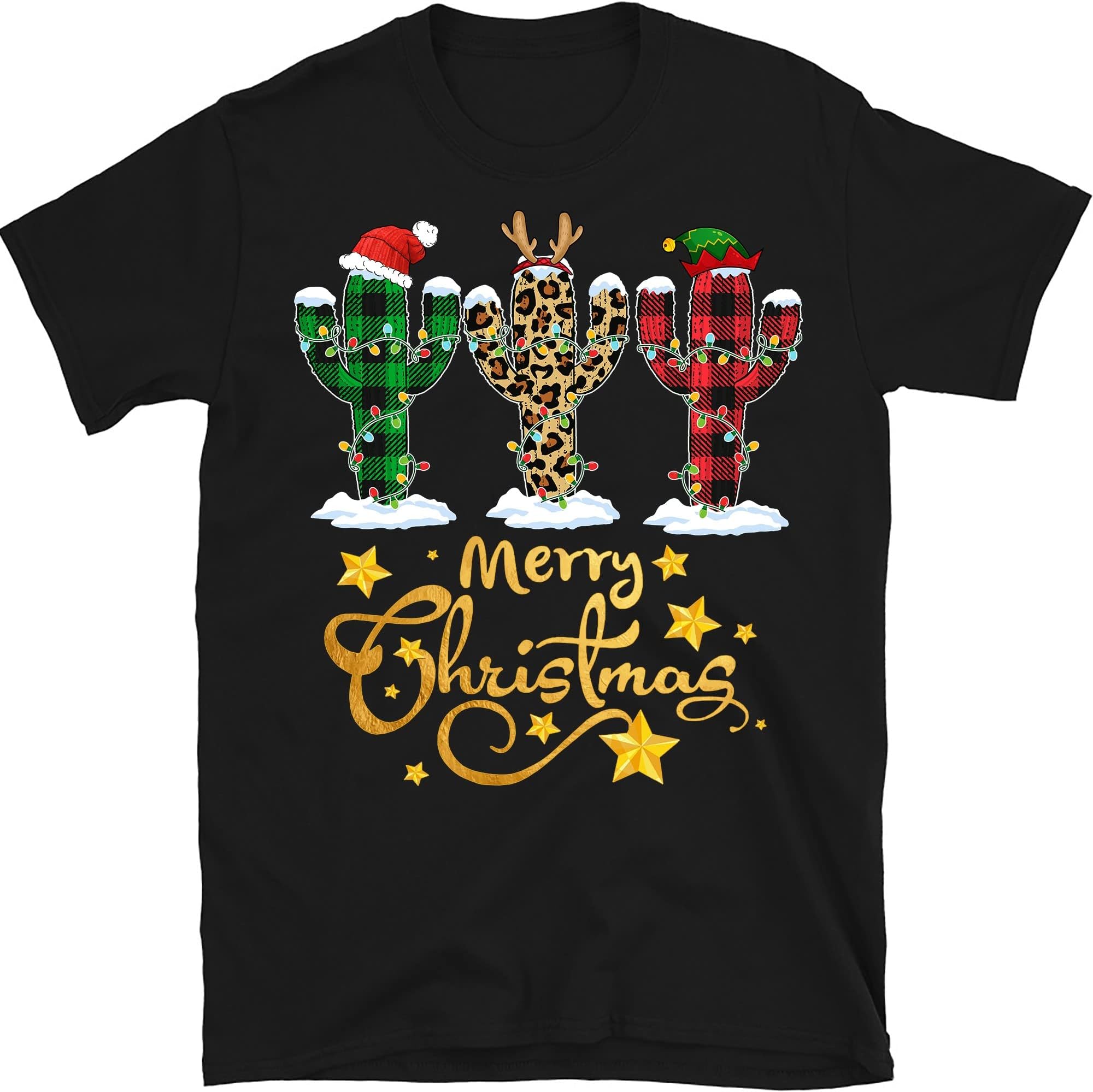 Womens Cactus Christmas Tree with Buffalo Plaid & Leopard Design T-Shirt Christmas Lights Cactus Lover Funny Xmas Gift – Black/Large