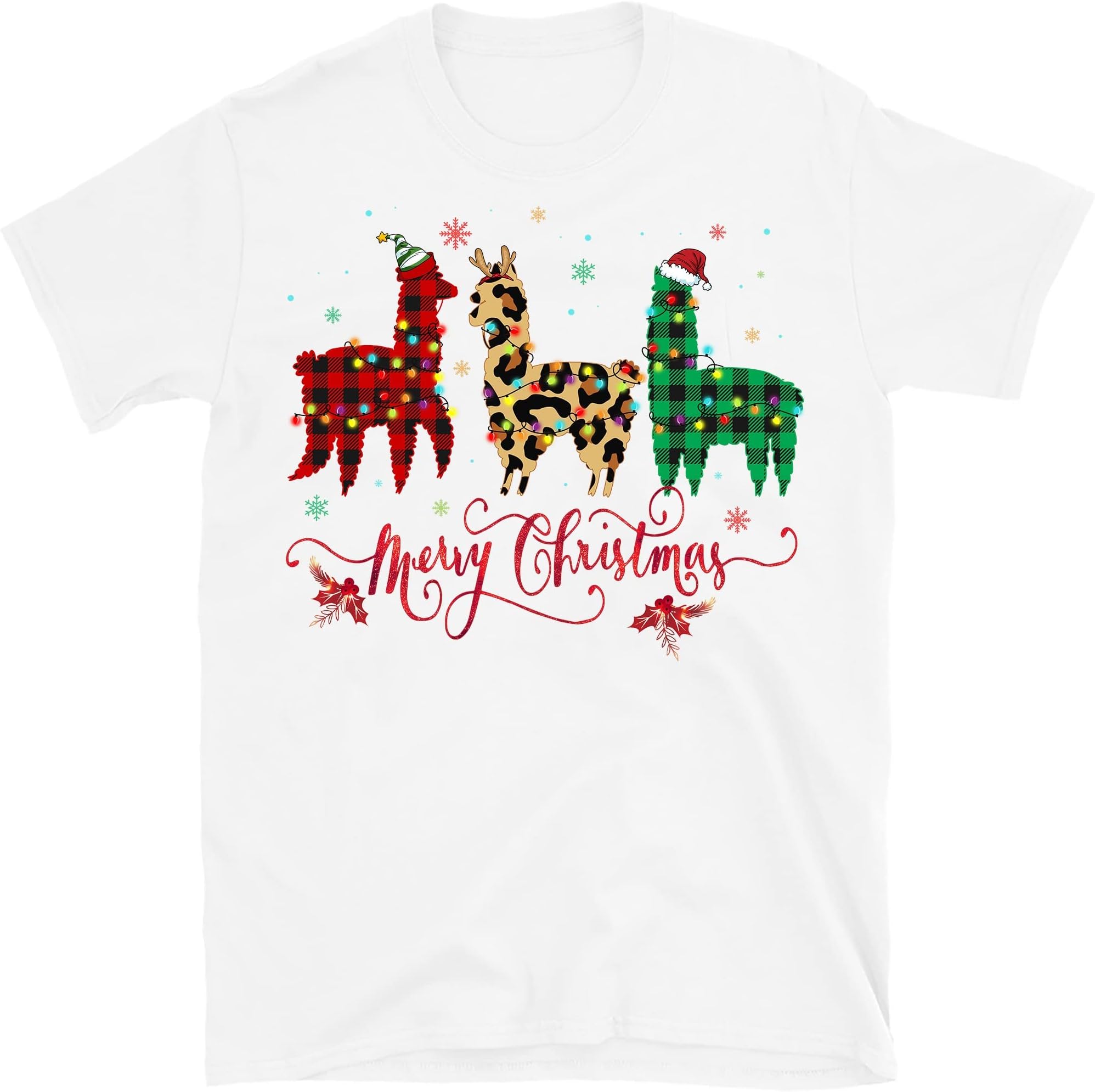 Funny Llamas Christmas Xmas T-Shirt, Funny Llama Lovers Lights Pajama T-Shirt – White/X-Large