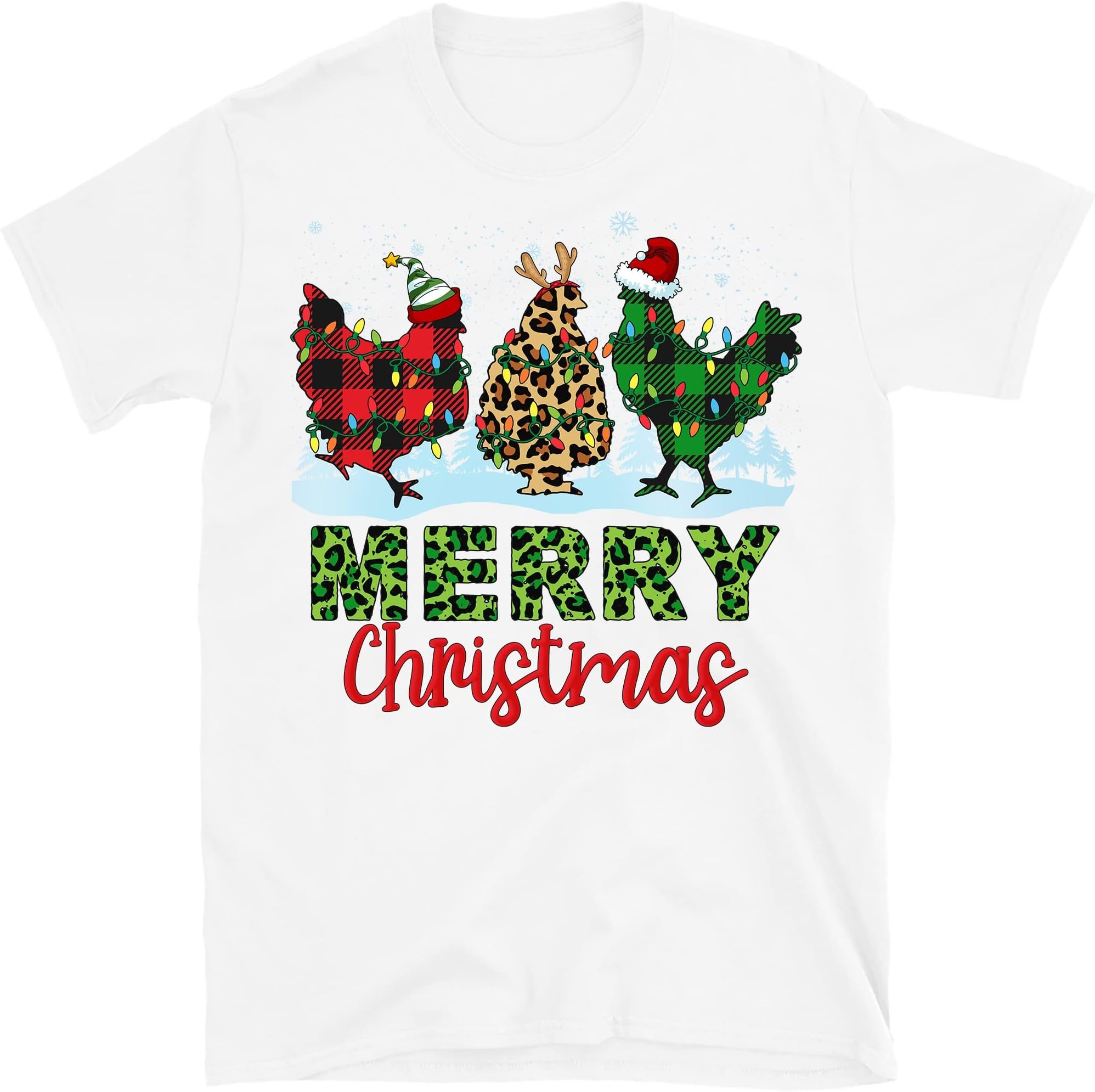 Funny Chickens Christmas Xmas T-Shirt, Funny Chicken Lovers Lights Pajama T-Shirt – White/Small
