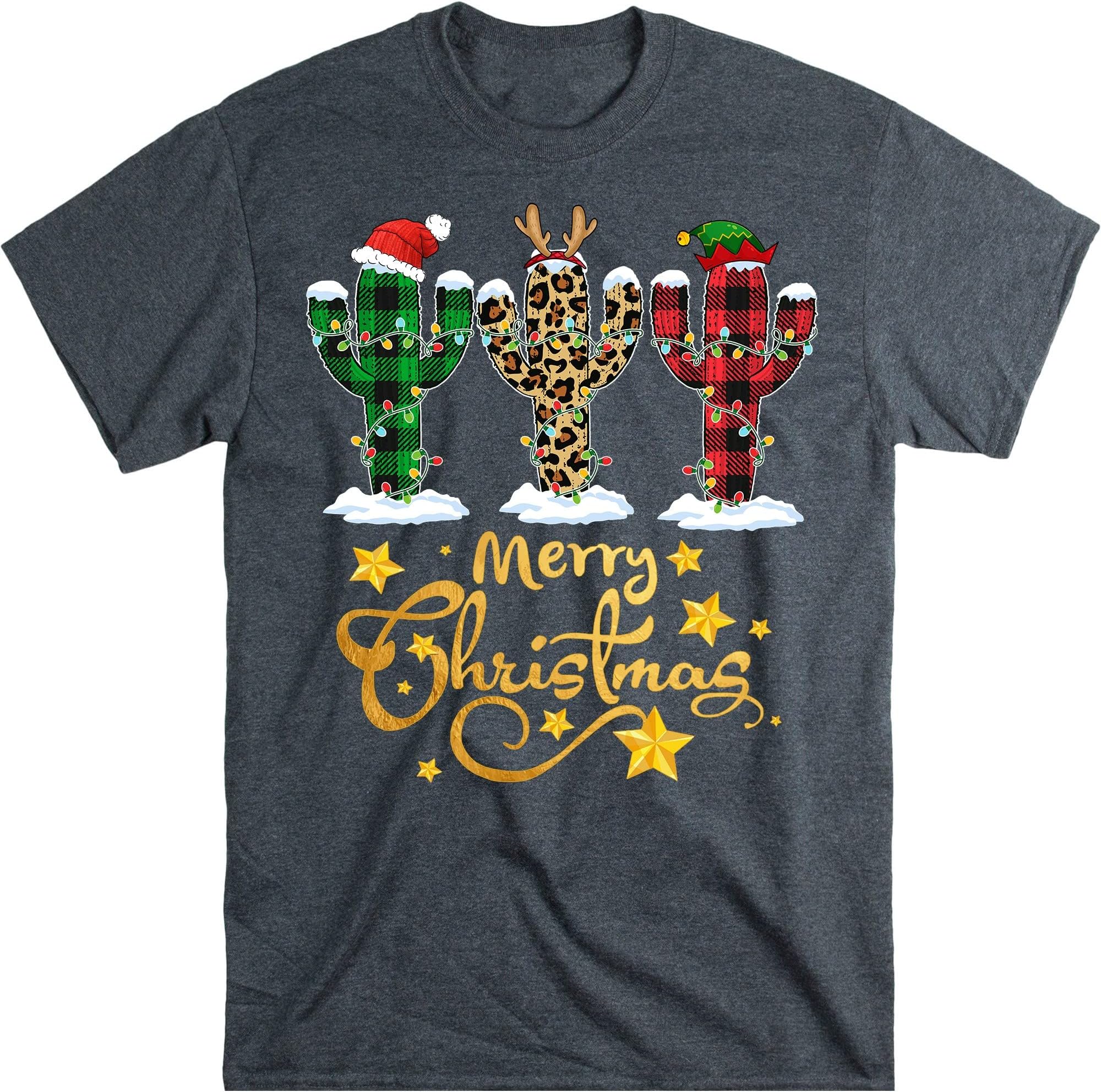 Womens Cactus Christmas Tree with Buffalo Plaid & Leopard Design T-Shirt Christmas Lights Cactus Lover Funny Xmas Gift – Dark Heather/XX-Large