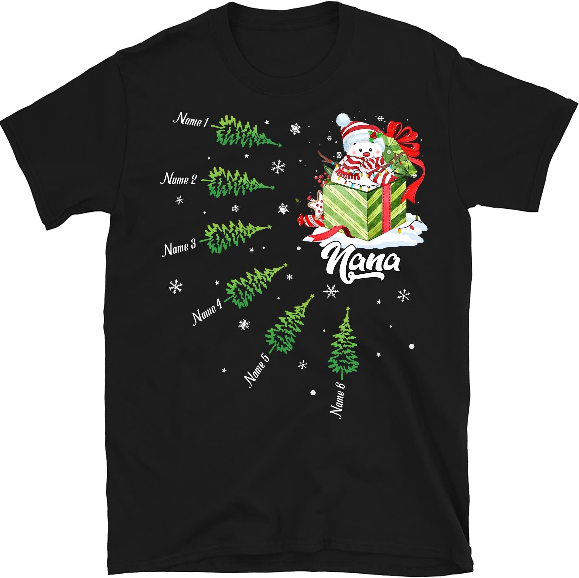 Personalized Nana Christmas Tree Shirt, Custom Grandkids Names Grandma T Shirt, Christmas Snowman, for Grandpa, Mom, Dad Multicolored