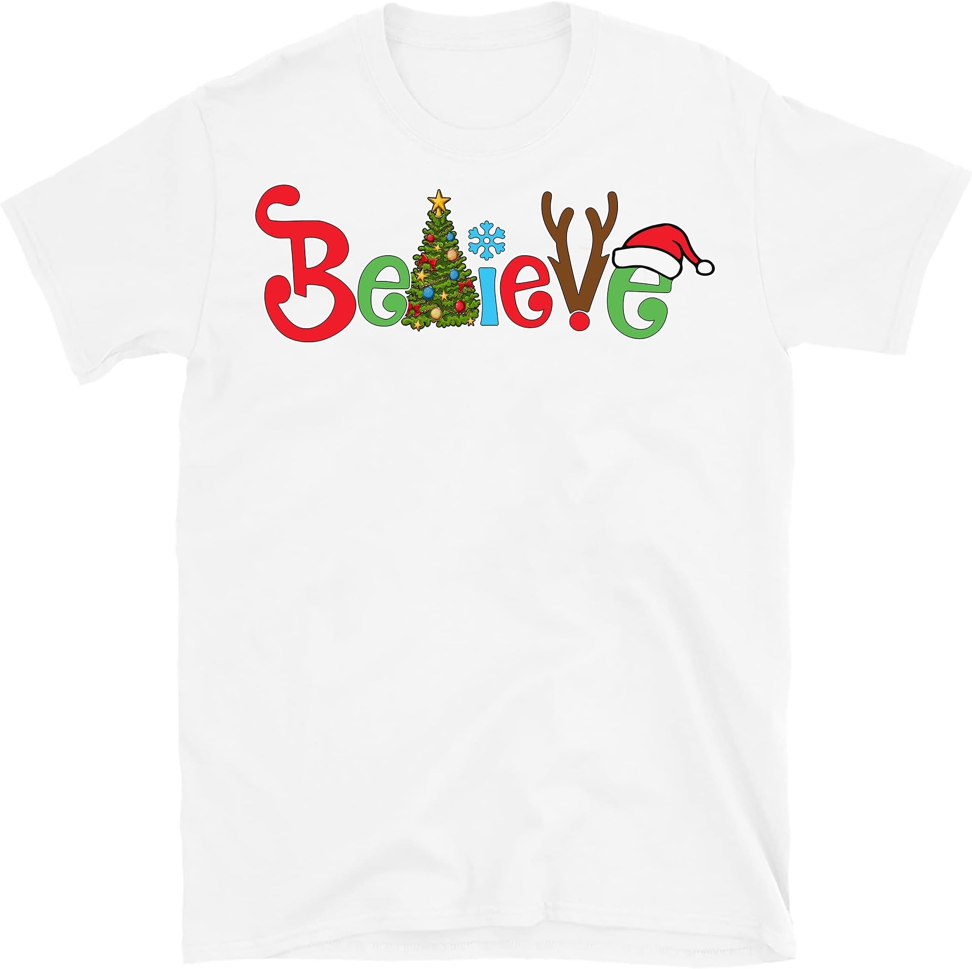 Christmas Believe Tree Reindeer Shirt Short Sleeve Christmas Graphic Tee Shirts Tops for Women Christmas Shirts – White/X-Large