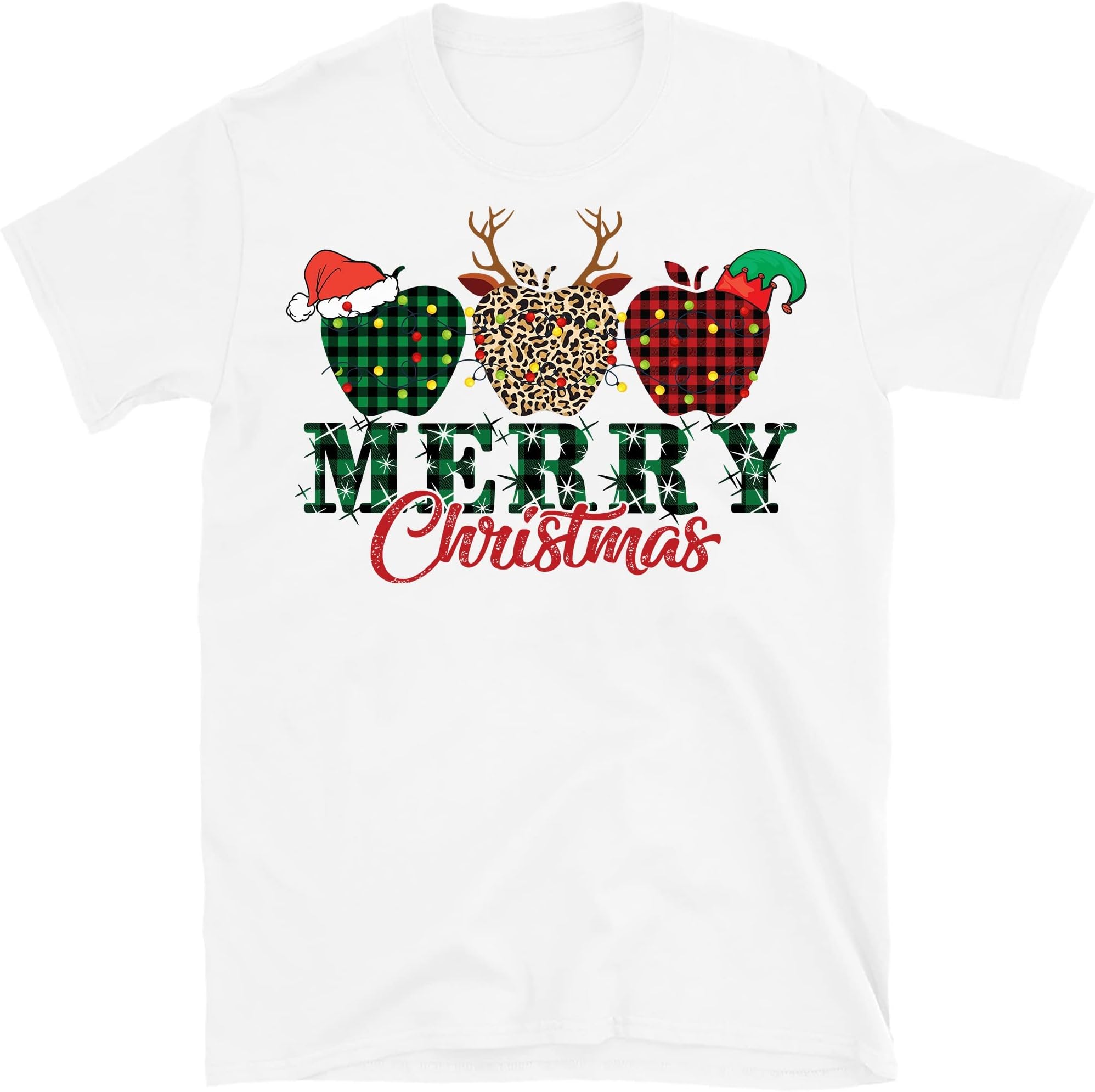 Merry Christmas Teacher Plaid Leopard Apples T-Shirt Funny 2021 for Teachers T-Shirt – White/4X-Large