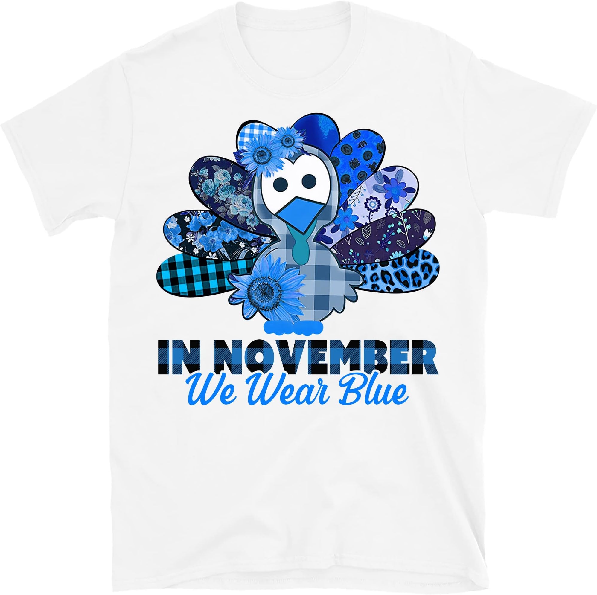 in November We Wear Blue Diabetes Awareness T-Shirt, Diabetes Support T-Shirt, Thanksgiving Turkey Shirt – White/3X-Large