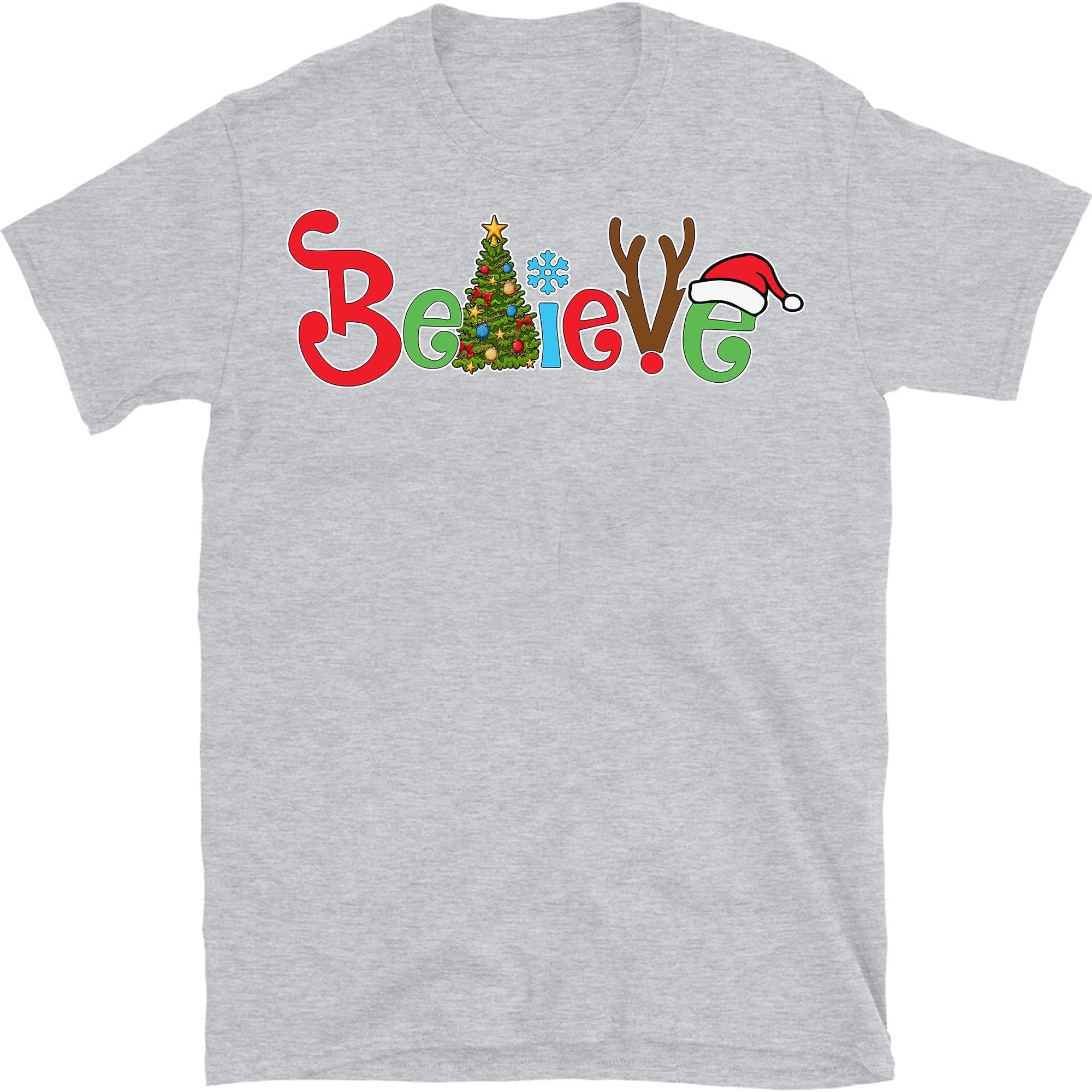 Christmas Believe Tree Reindeer Shirt Short Sleeve Christmas Graphic Tee Shirts Tops for Women Christmas Shirts – Sport Grey/4X-Large
