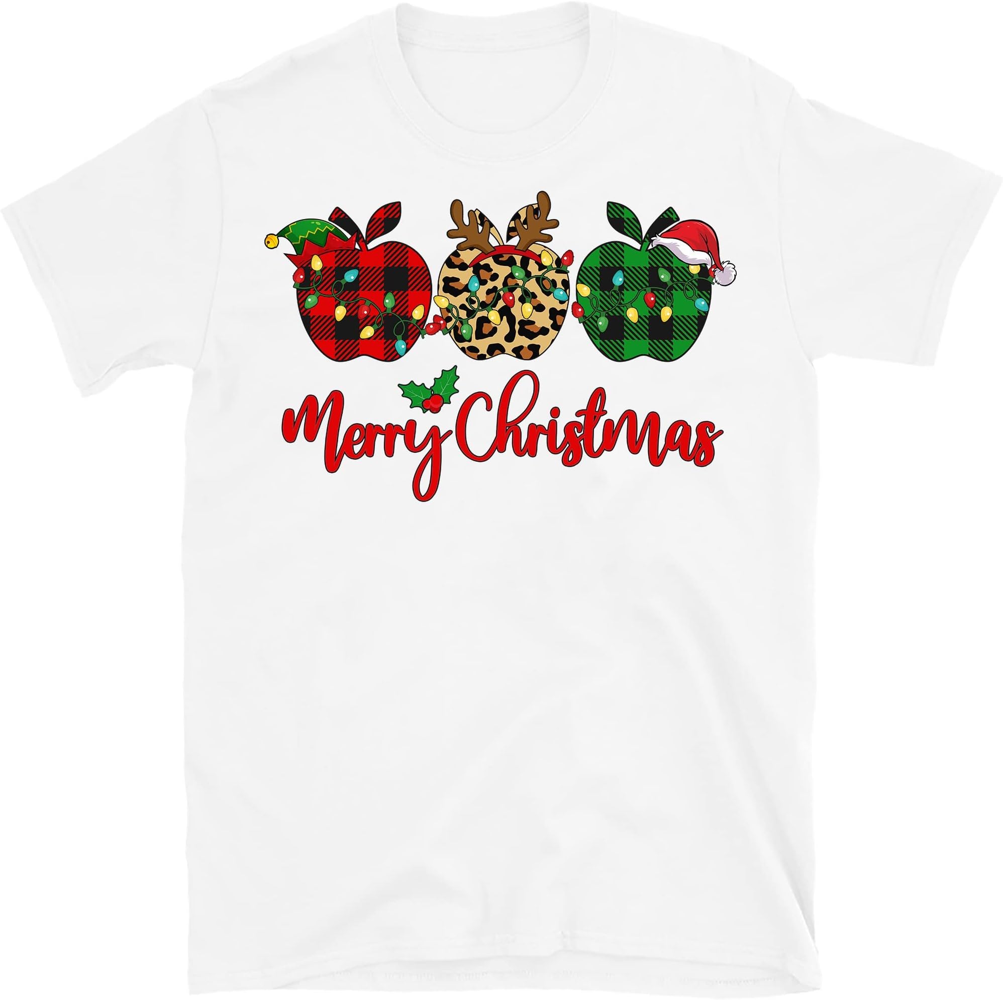 Merry Christmas Teacher Plaid Leopard Apples T-Shirt Funny Costume 2021 for Teachers T-Shirt – White/Small
