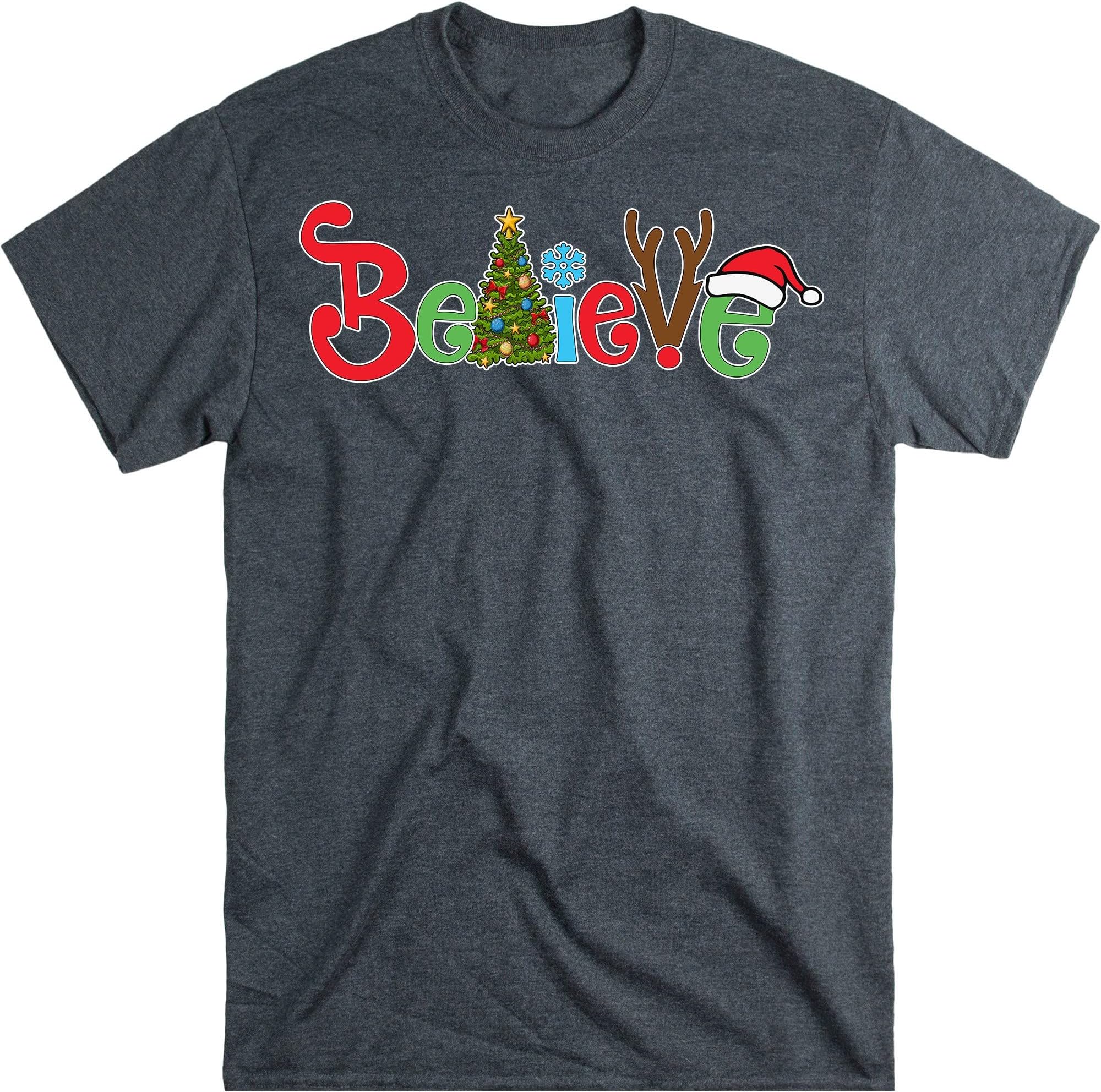 Christmas Believe Tree Reindeer Shirt Short Sleeve Christmas Graphic Tee Shirts Tops for Women Christmas Shirts – Dark Heather/Medium