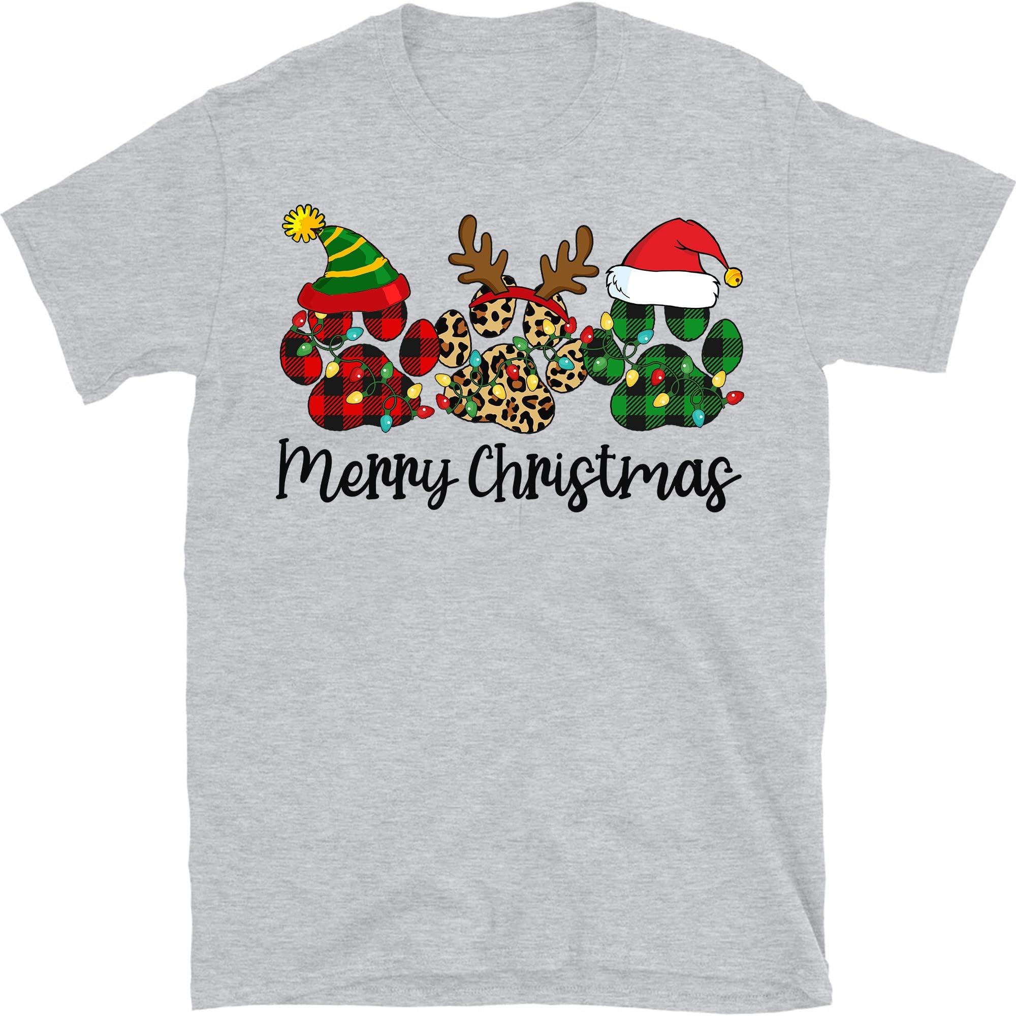 Merry Christmas Dog Paws Lights Buffalo Red White Green Plaid Leopard Xmas T-Shirt – Sport Grey/Large