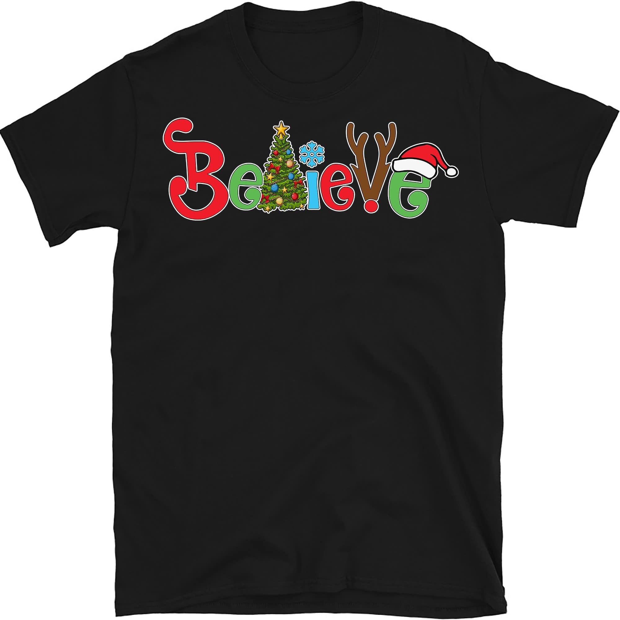 Christmas Believe Tree Reindeer Shirt Short Sleeve Christmas Graphic Tee Shirts Tops for Women Christmas Shirts – Black/X-Large
