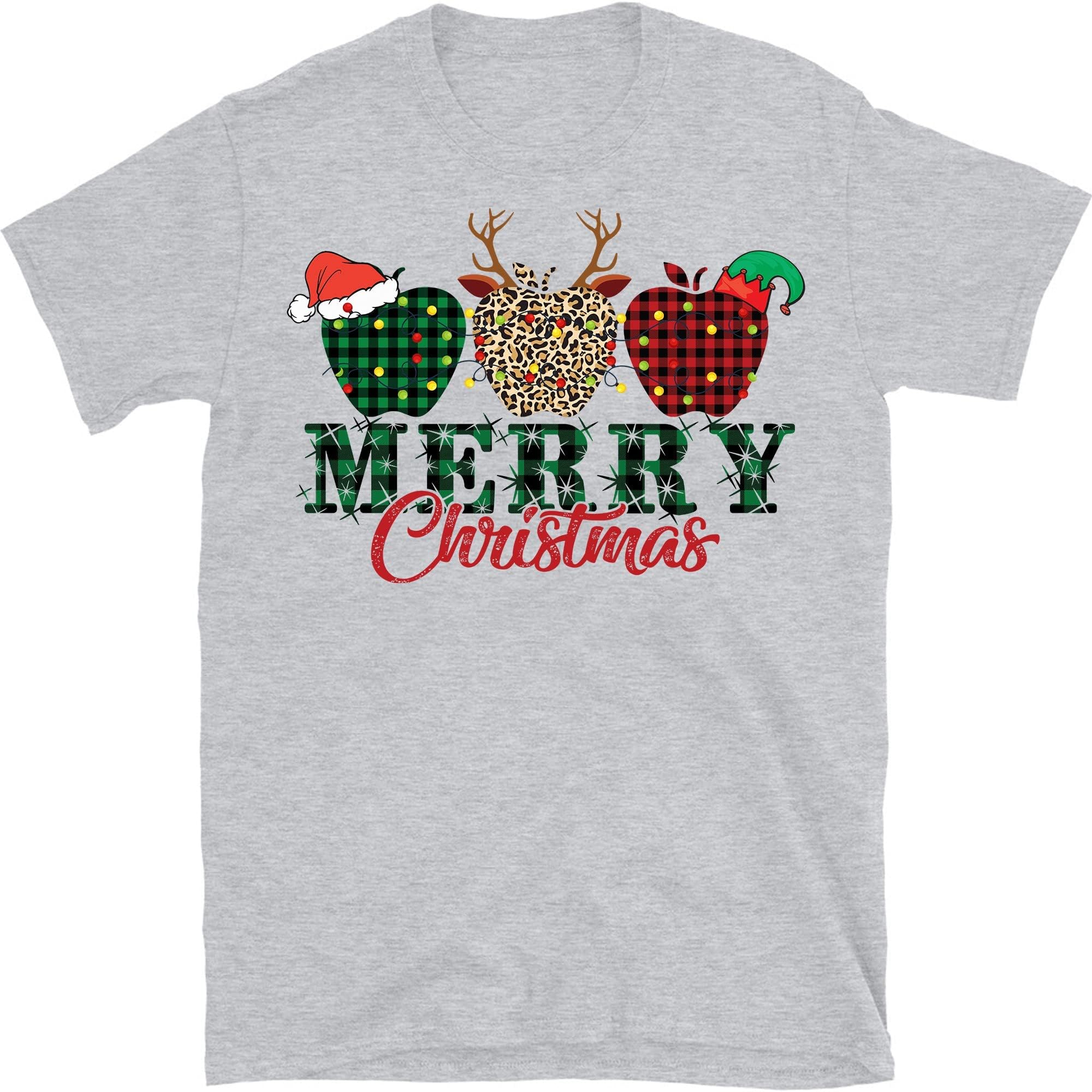Merry Christmas Teacher Plaid Leopard Apples T-Shirt Funny 2021 for Teachers T-Shirt – Sport Grey/Large