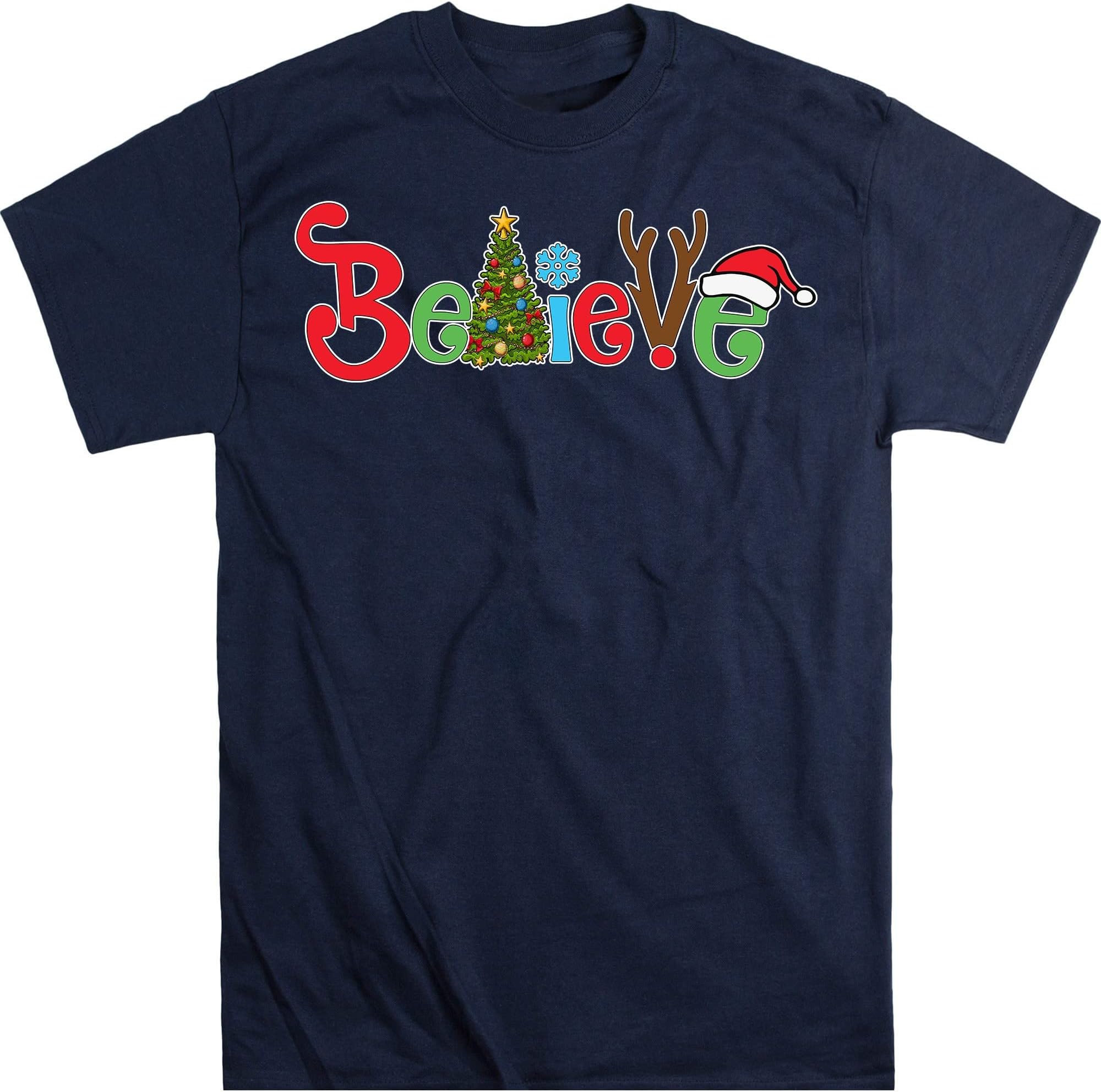 Christmas Believe Tree Reindeer Shirt Short Sleeve Christmas Graphic Tee Shirts Tops for Women Christmas Shirts – Navy/Large