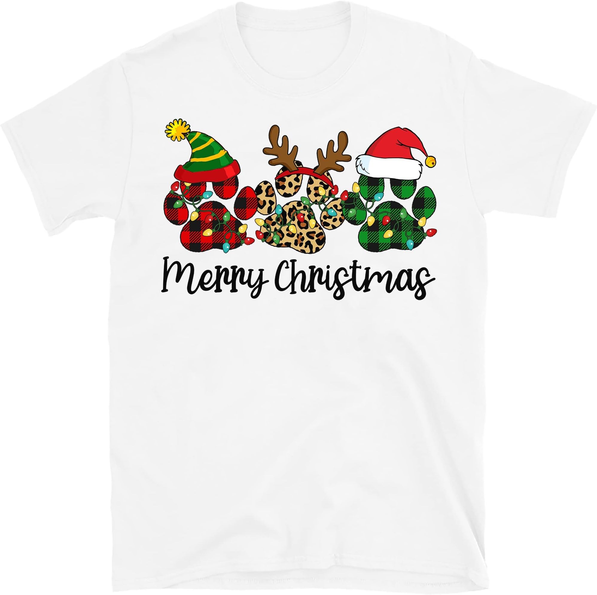Merry Christmas Dog Paws Lights Buffalo Red White Green Plaid Leopard Xmas T-Shirt – White/Small