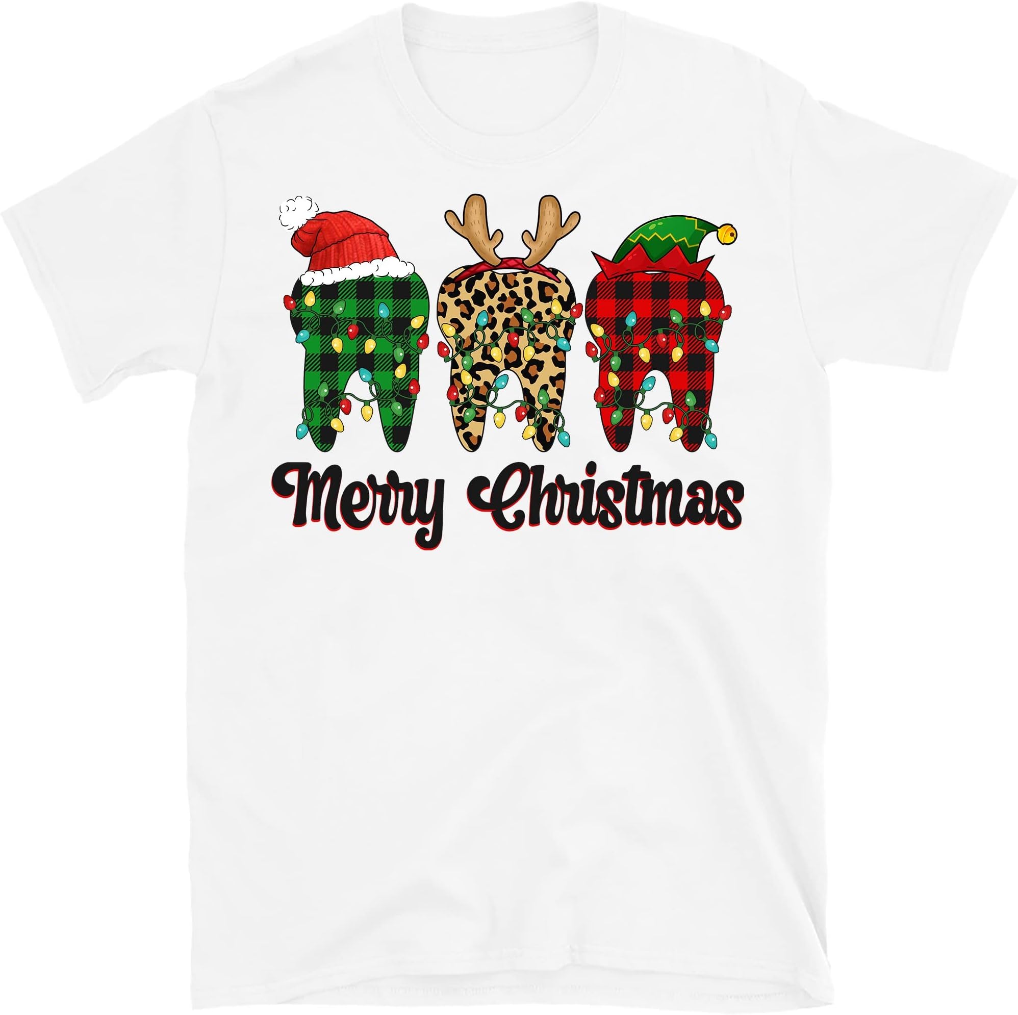 Merry Christmas Dentist Teeth Santa Hat Xmas Leopard Plaid T-Shirt, Funny Tooth Dental Costume T-Shirt – White/Small