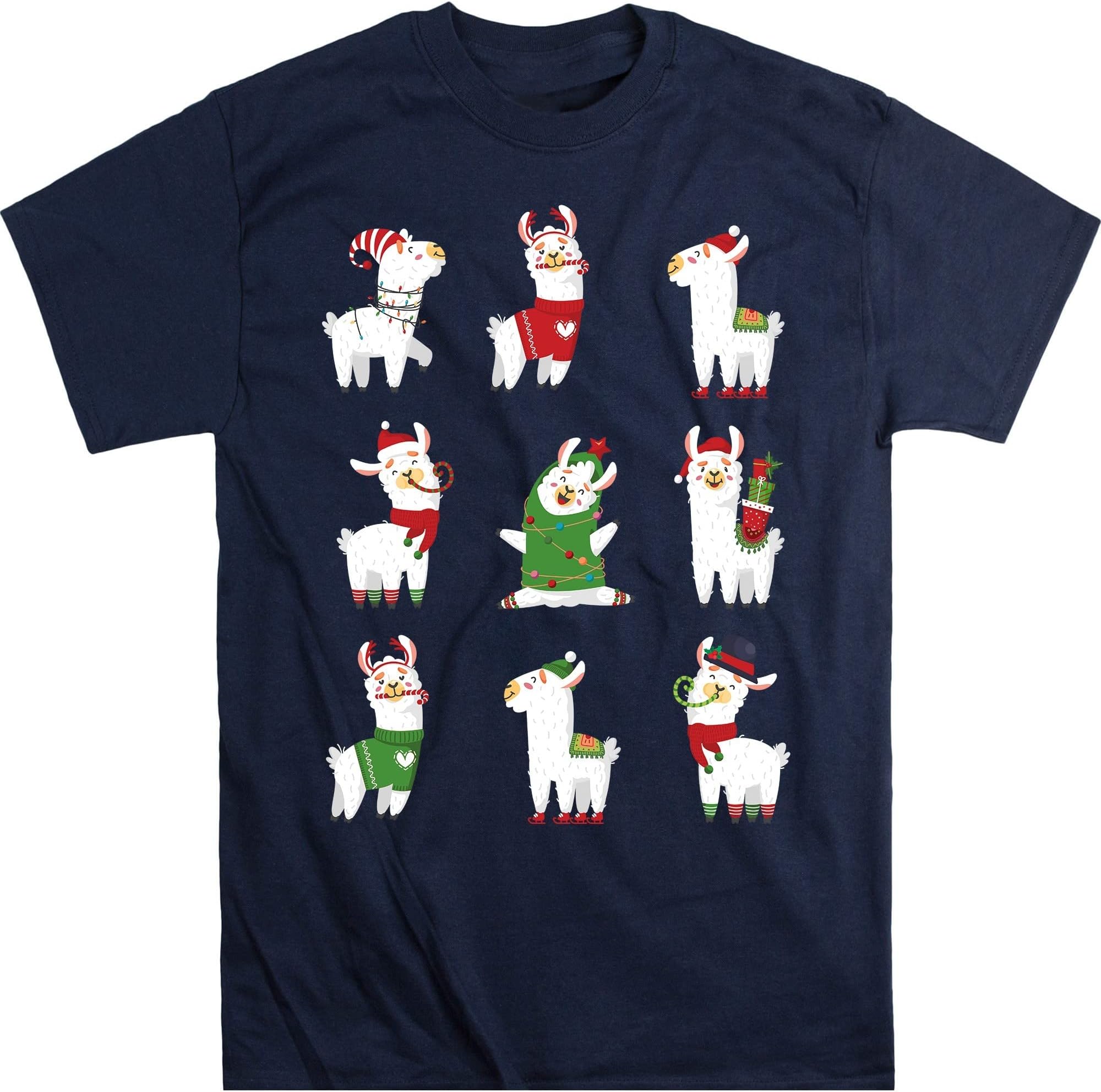 Merry Llamamas T Shirt Christmas for Llama Lovers, Llamas Christmas Tree Lights Funny Llamas Xmas Gift T-Shirt – Navy/Large