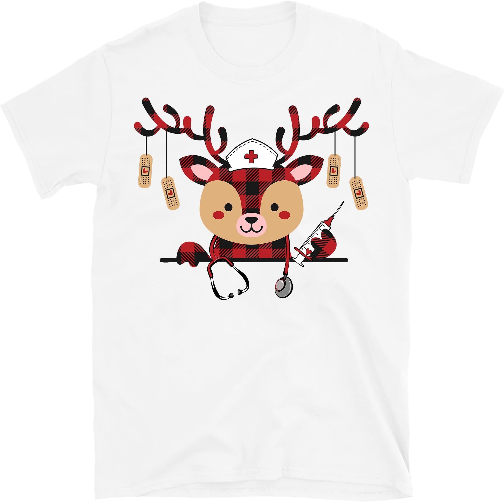 Nurse Christmas Shirt, Buffalo Plaid Reindeer, Christmas Lights Band Aid Nurse Crew Shirt – White/Small