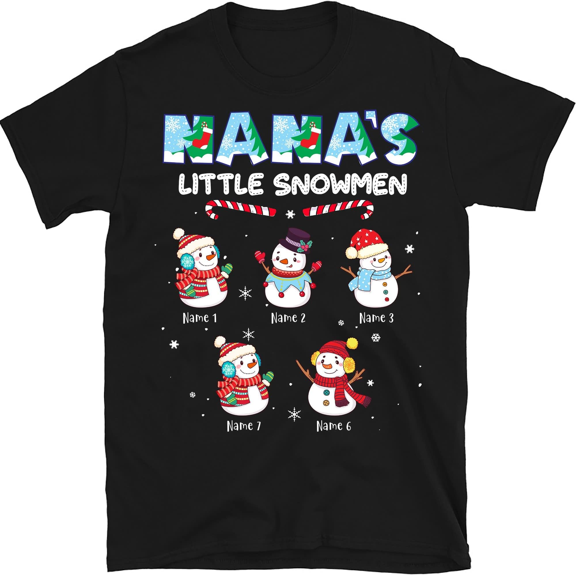Personalized Nana's Little Snowmen Shirt, Custom Grandkids Snowman Grandma T Shirt, for Grandpa, Mom, Dad, Merry Christmas, Grandkids Name Multicolored