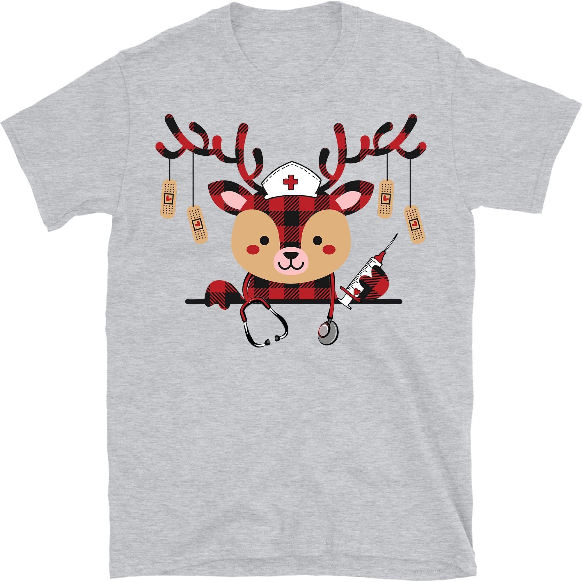 Nurse Christmas Shirt, Buffalo Plaid Reindeer, Christmas Lights Band Aid Nurse Crew Shirt – Sport Grey/Large