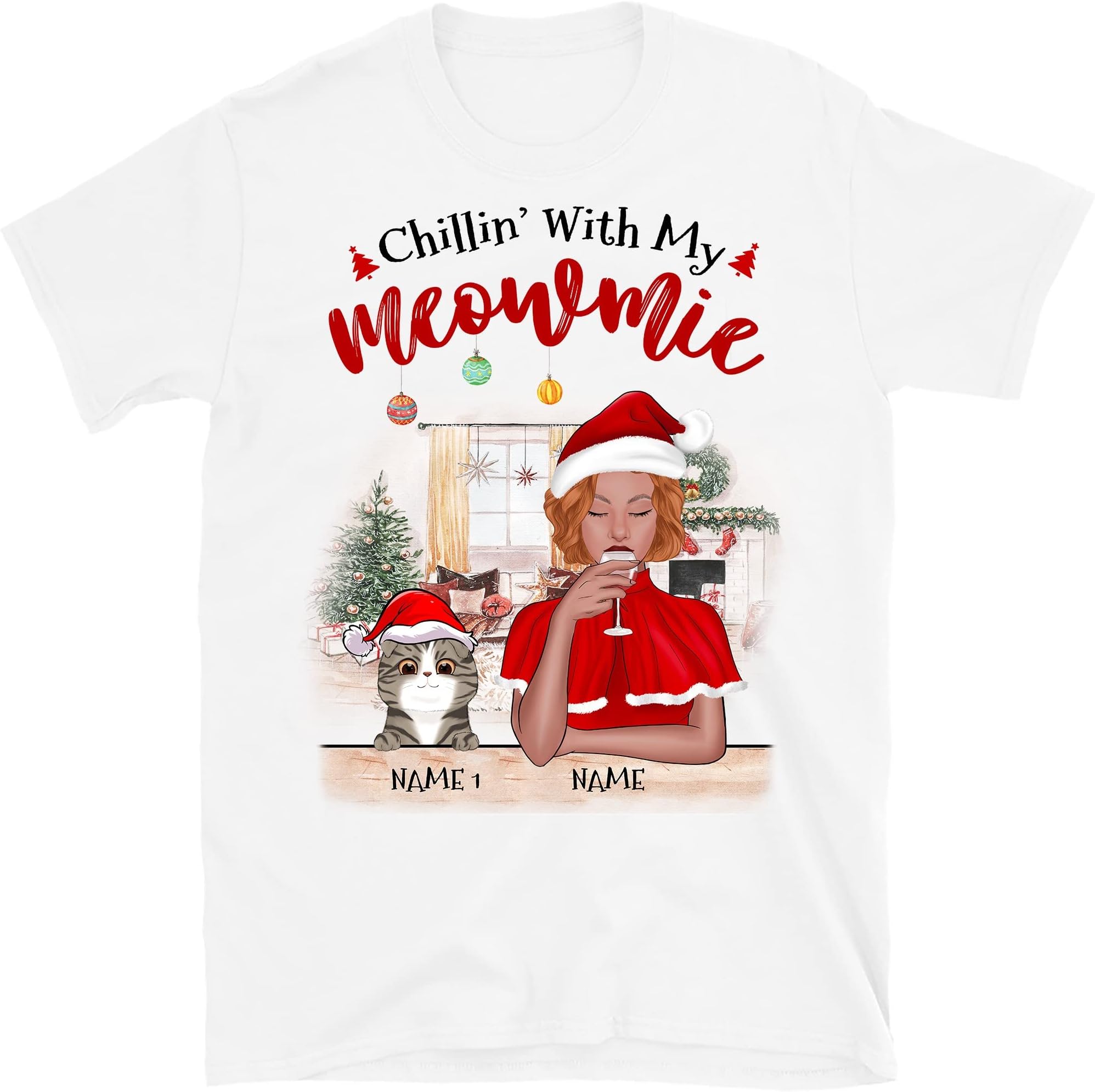 Personalized Christmas Cat Mom T-Shirt, Cat Lovers Shirt, Merry Christmas Cat Mom, Just a Girl Who Loves Cats Shirt, Chillin with My Meowmie Multicolored