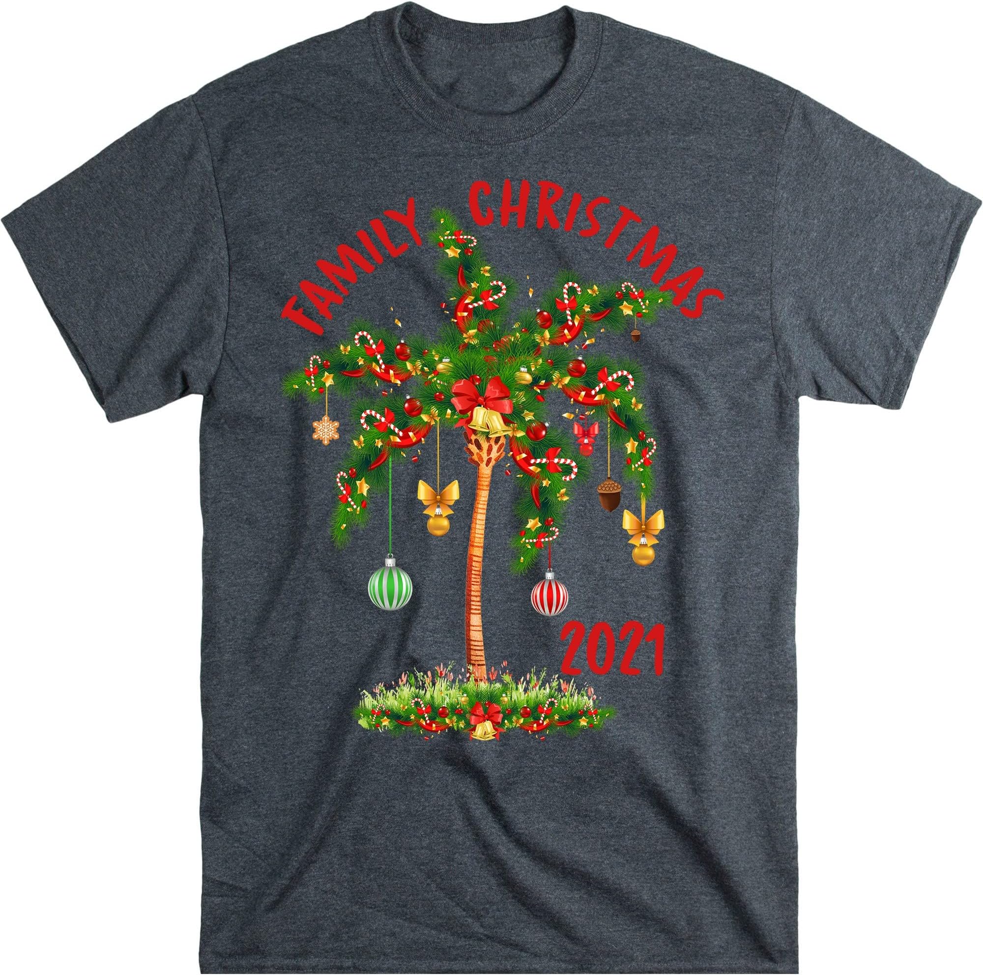 Merry Christmas 2021, Christmas Tree Shirt, Christmas Palm Tree, Family Christmas Tees, Xmas Matching Shirt – Dark Heather/Medium
