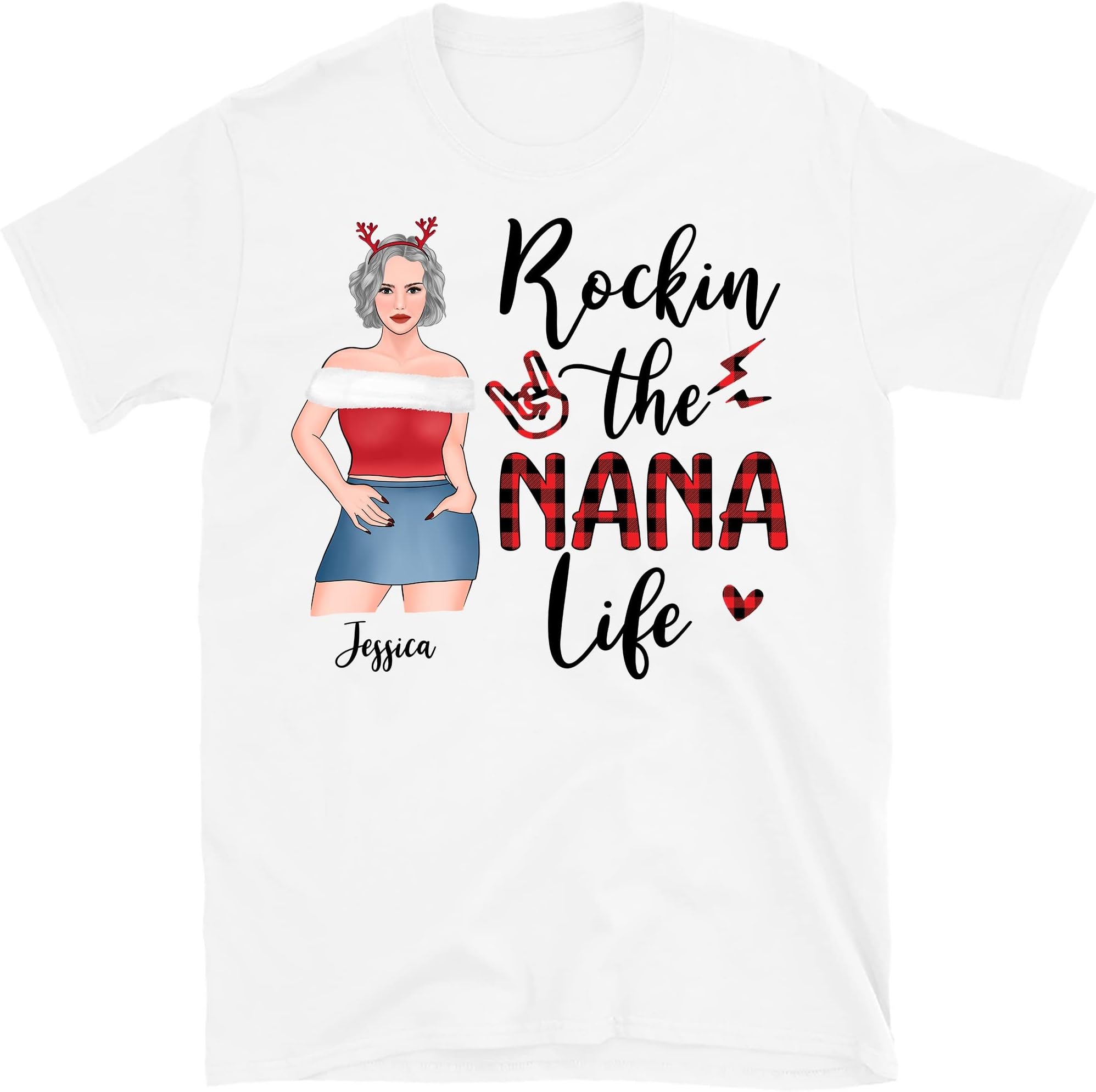 Personalized Rockin The Nana Life Christmas, Custom Grandma Shirt, Birthday Gift for Grandma, Mom, Nana, Mimi, Women Tee, Nana Shirt for Women Grandma X Mas T Shirt Multicolored