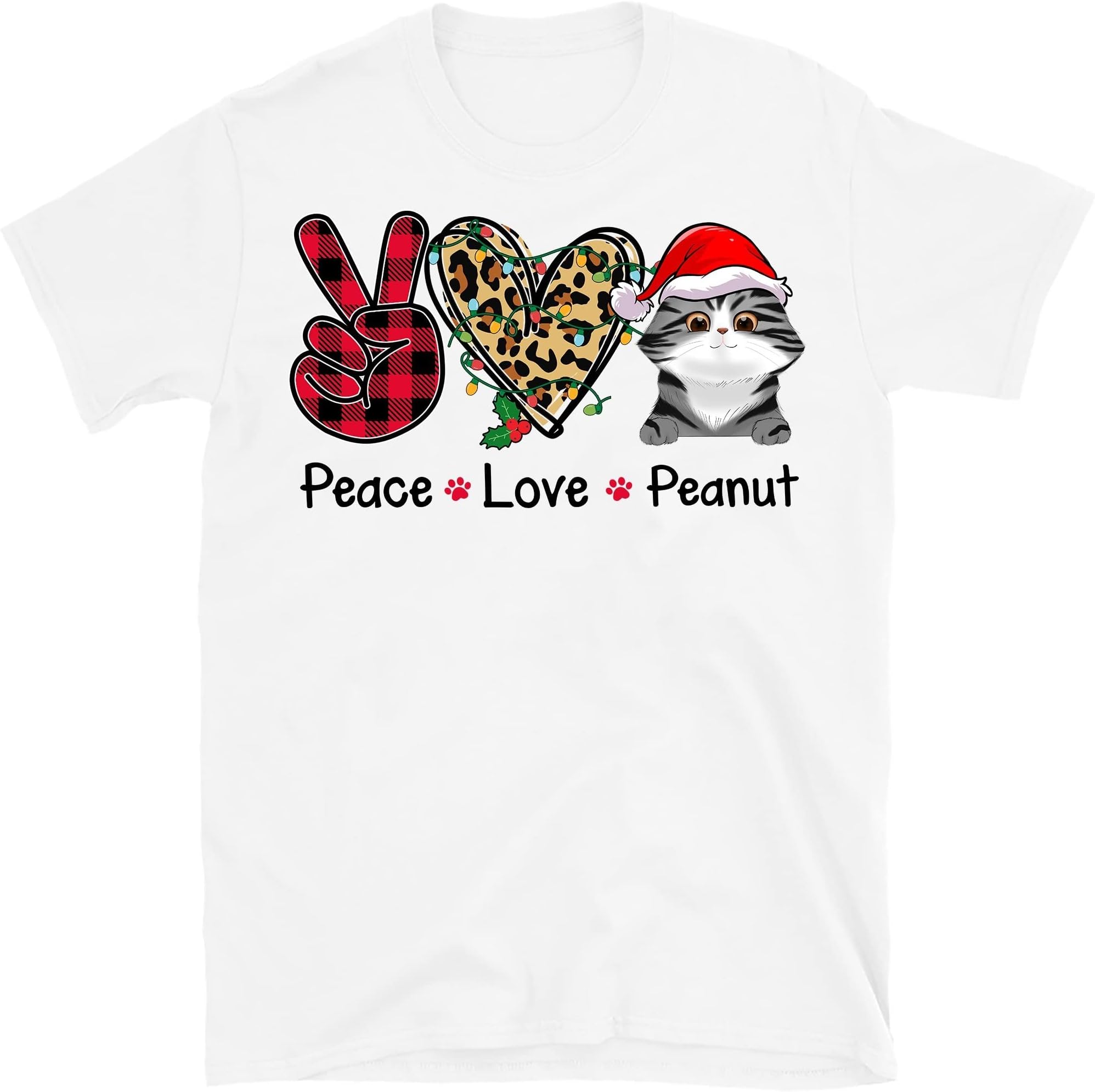 Personalized Peace Love Cat Shirt, Custom Christmas Cat, Cat Lovers Shirt, for Cat Owner Multicolored