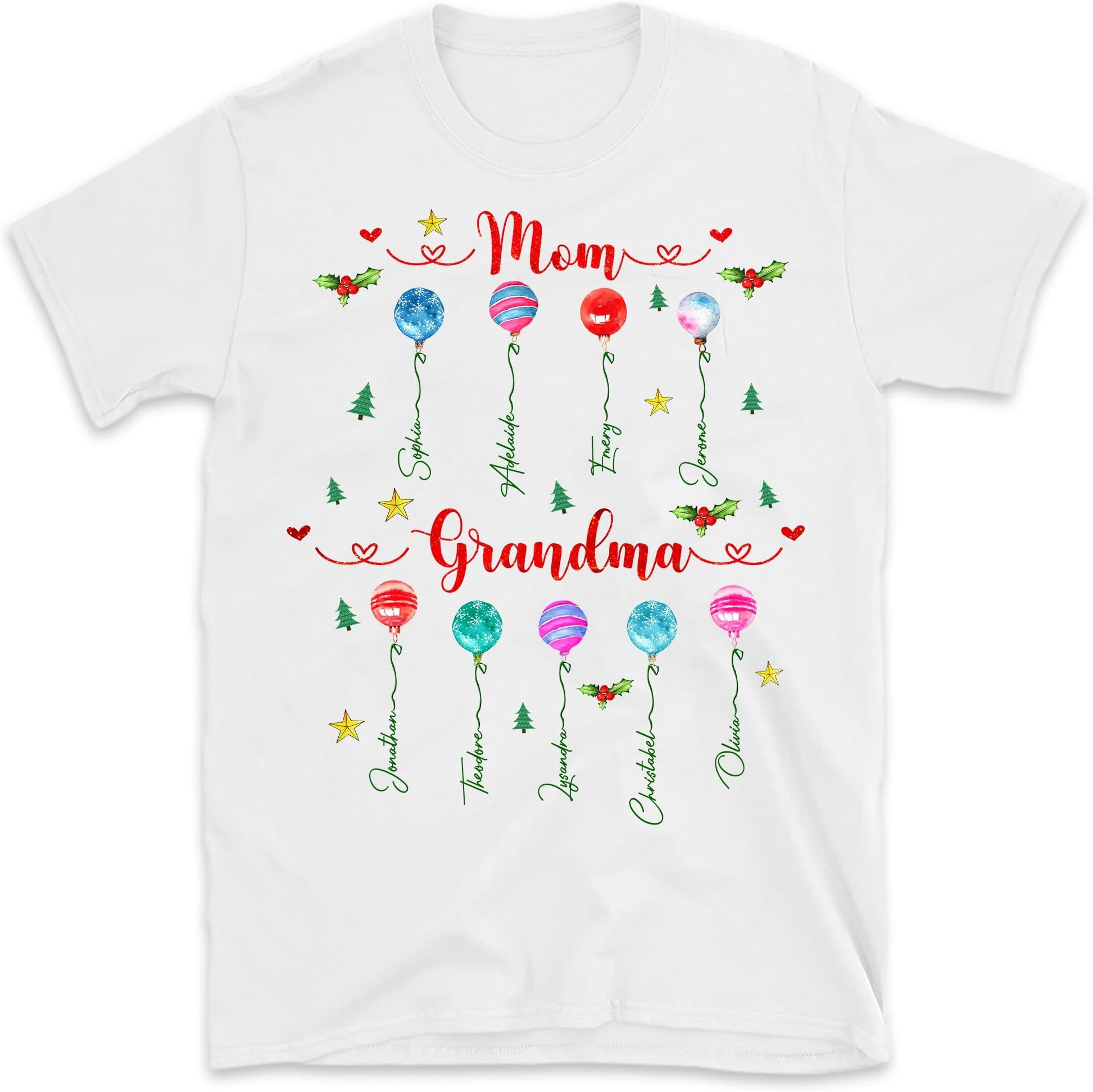 Custom Christmas First Mom Now Grandma Women Shirts, Personalized Gigi Mother Gift, Grandma Shirt with Grandkid Name Multicolored