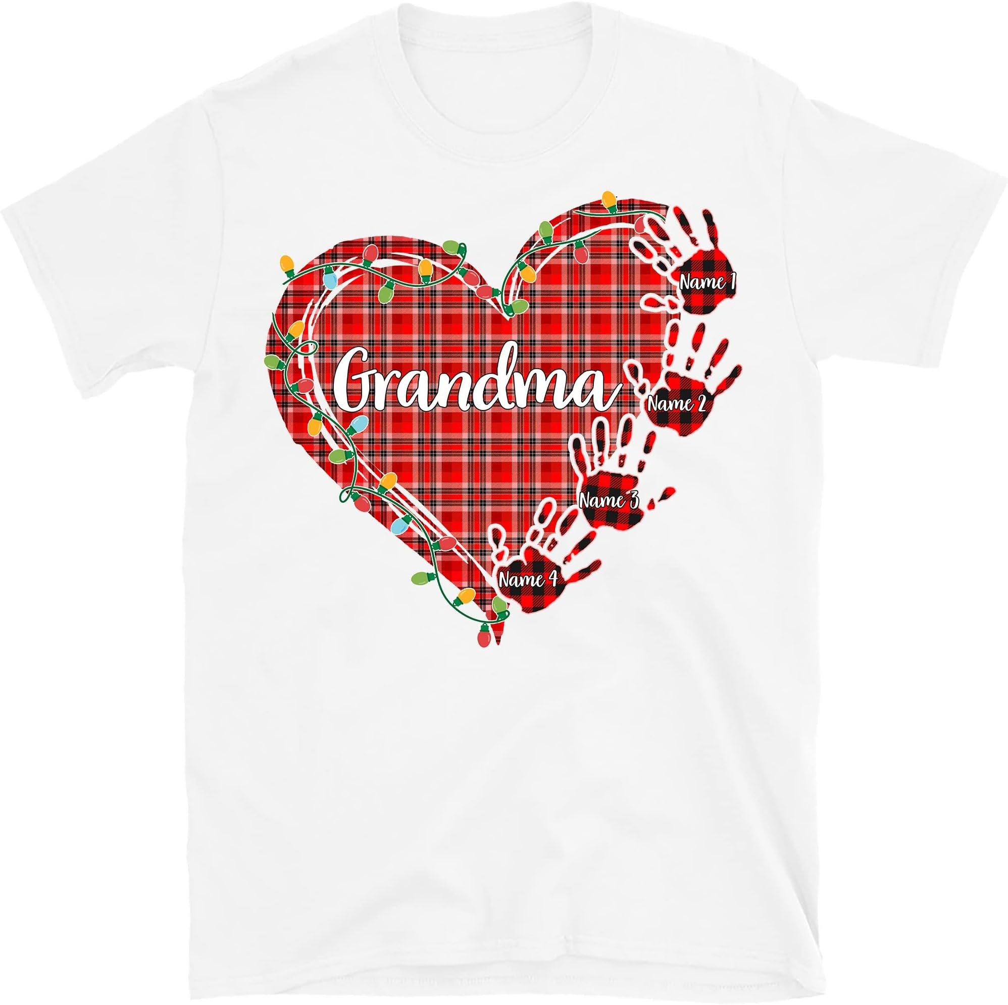 Personalized Grandma Christmas Shirt, Nana's Christmas Heart Hand Print, Custom Grandkids Grandma T-Shirt Multicolored