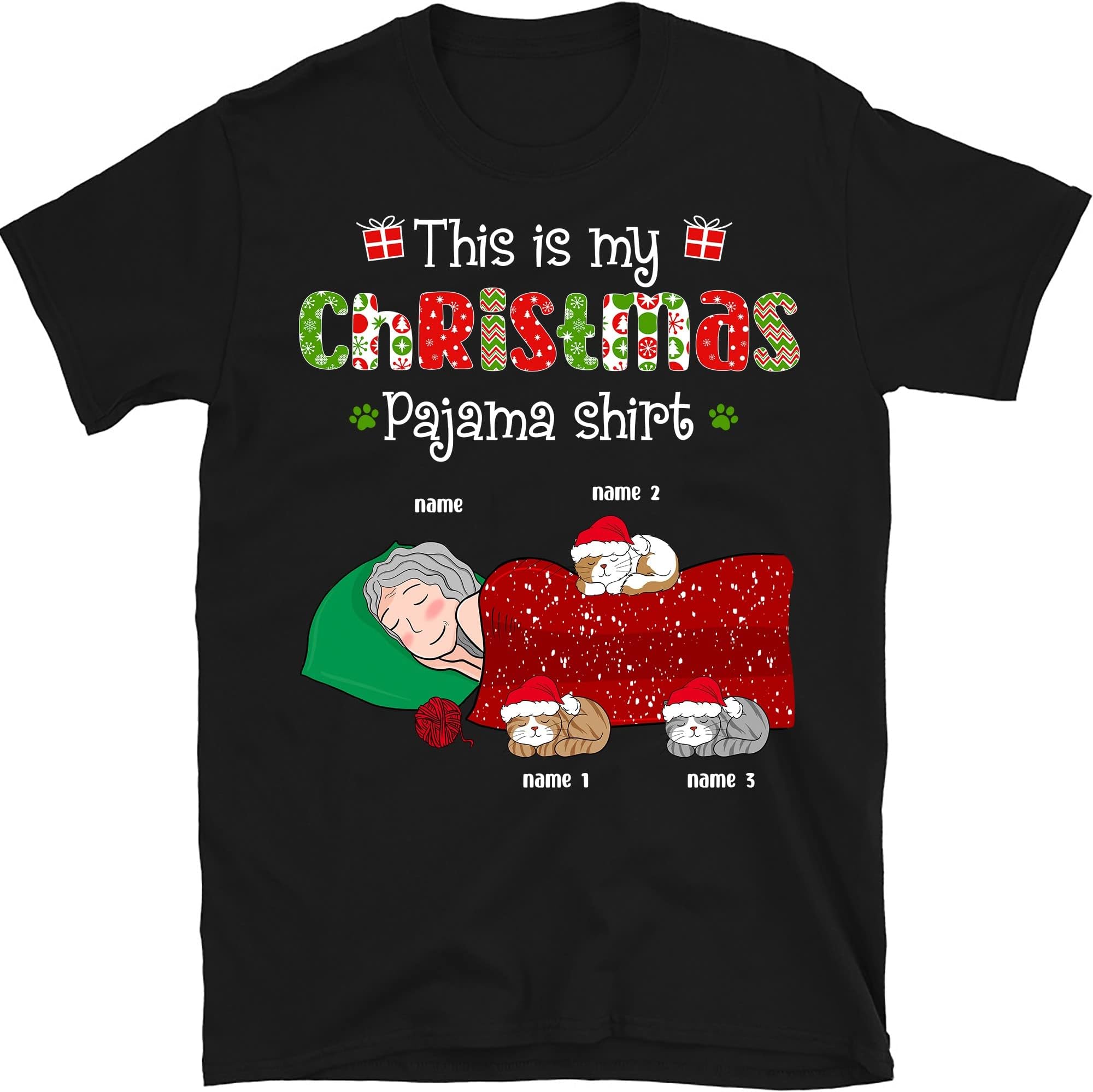 Personalized Christmas Cat Sleepshirt, Shirt for Grandma Grandpa, Custom Funny Cat Lovers Shirt, This is My Christmas Pajama Shirt, Funny Christmas Pyjama Tee Multicolored