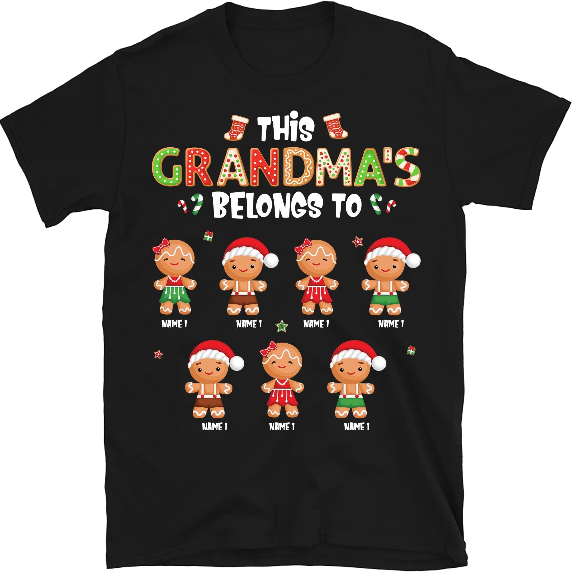 Grandma with Grandkids Name Christmas Personalized T Shirt, This Grandma Belongs To Christmas Cookies Kids' Name Shirt, Custom Grandma Shirt, Christmas Snowflakes Gift for Nana Mimi Mom Women