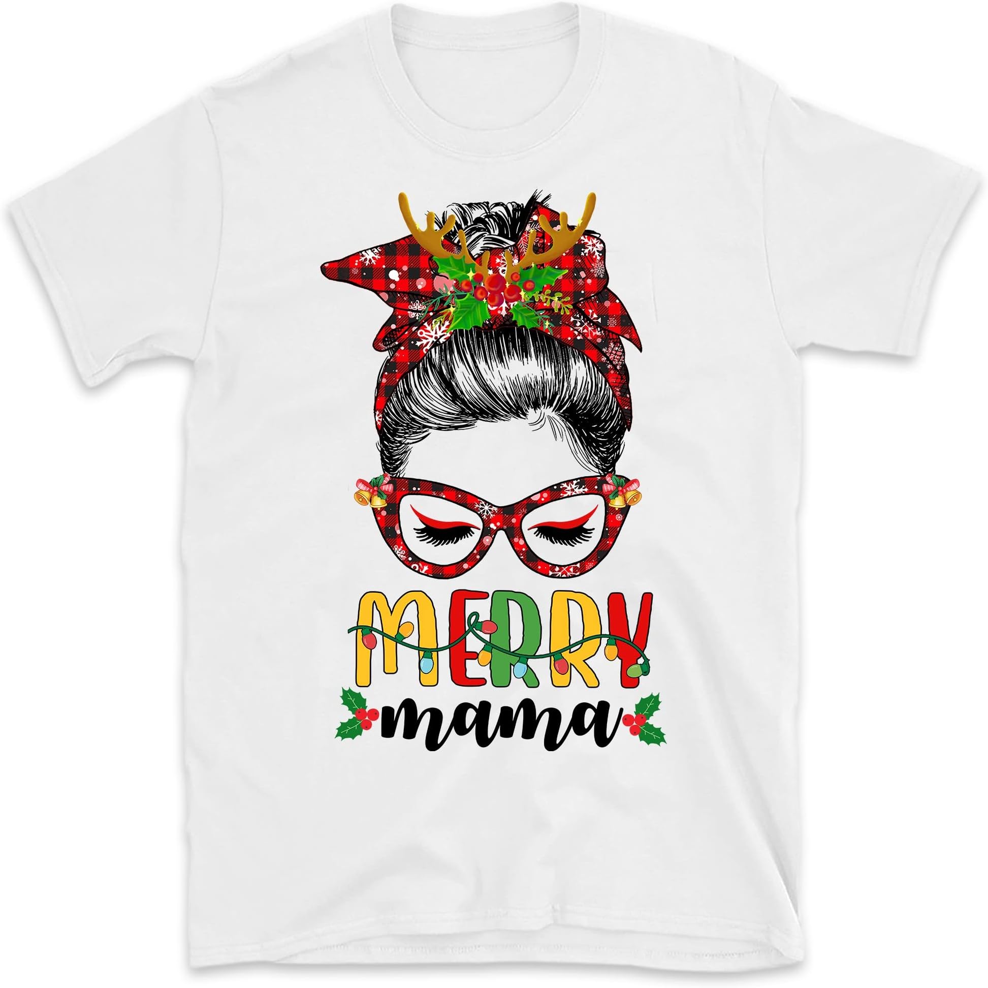 Merry Mama Messy Bun Hair Christmas T-Shirt, Mother Christmas T-Shirt, Matching Family Christmas Shirts – White/Medium