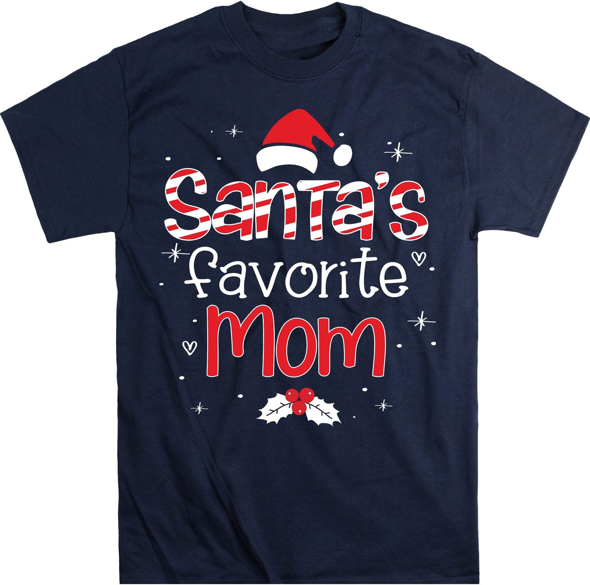 Santa's Favorite Mom Christmas T Shirt Women Plaid Letters Print Mama Tops Cute Santa Hat Graphic Short Sleeve Tee – Navy/XX-Large